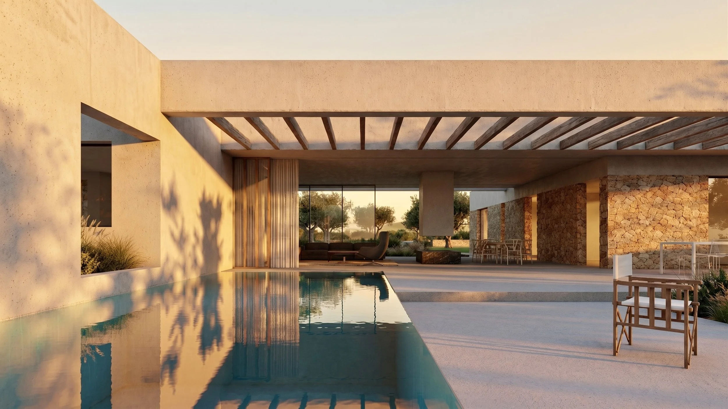 Vista de una casa moderna con piscina, sala de estar con muebles, estructura de madera y paredes de piedra, al atardecer