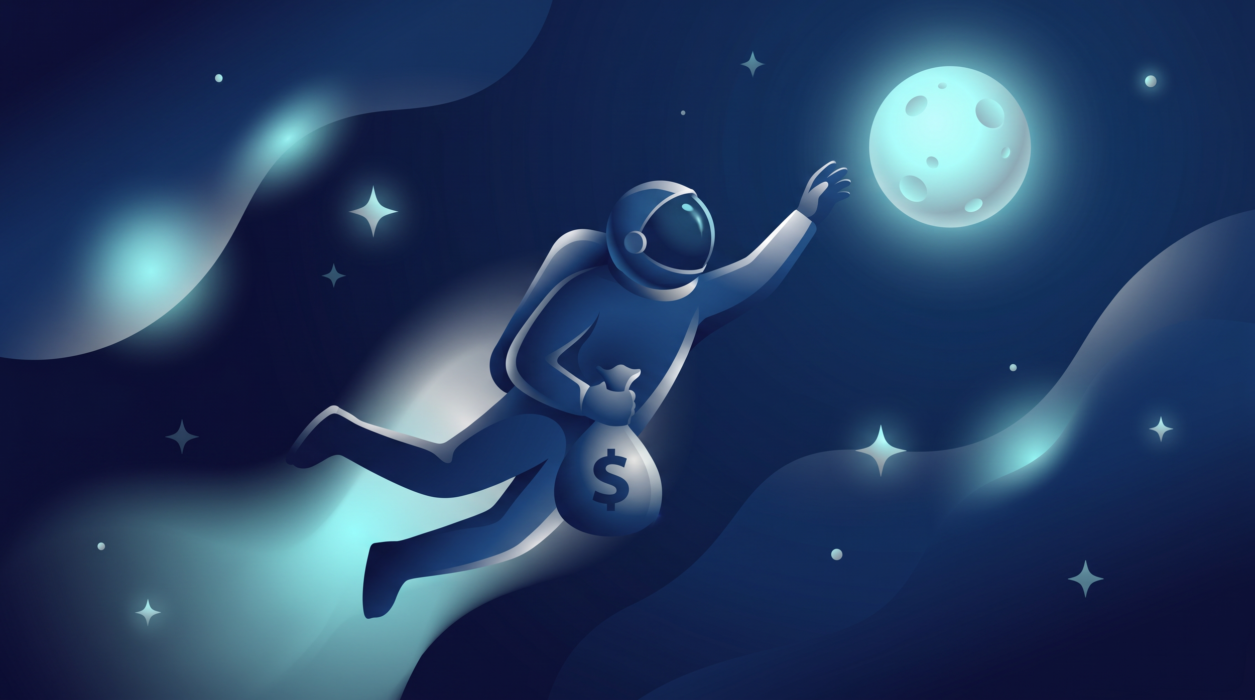 Spaceman reaching for moon with a bag of money