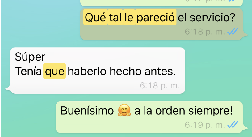 Captura de pantalla de una conversación de WhatsApp en la que alguien pregunta qué le pareció el servicio y la respuesta indica que fue súper, que ya lo había hecho antes. La conversación incluye emoji de alguien haciendo una reverencia y sonriendo.