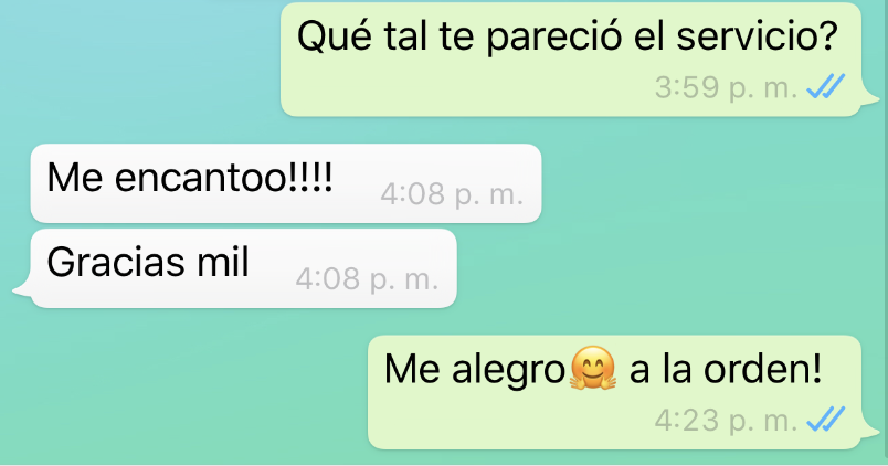 Conversación de mensajes de texto en un chat, con mensajes que expresan satisfacción por un servicio, en color de fondo verde y blanco.
