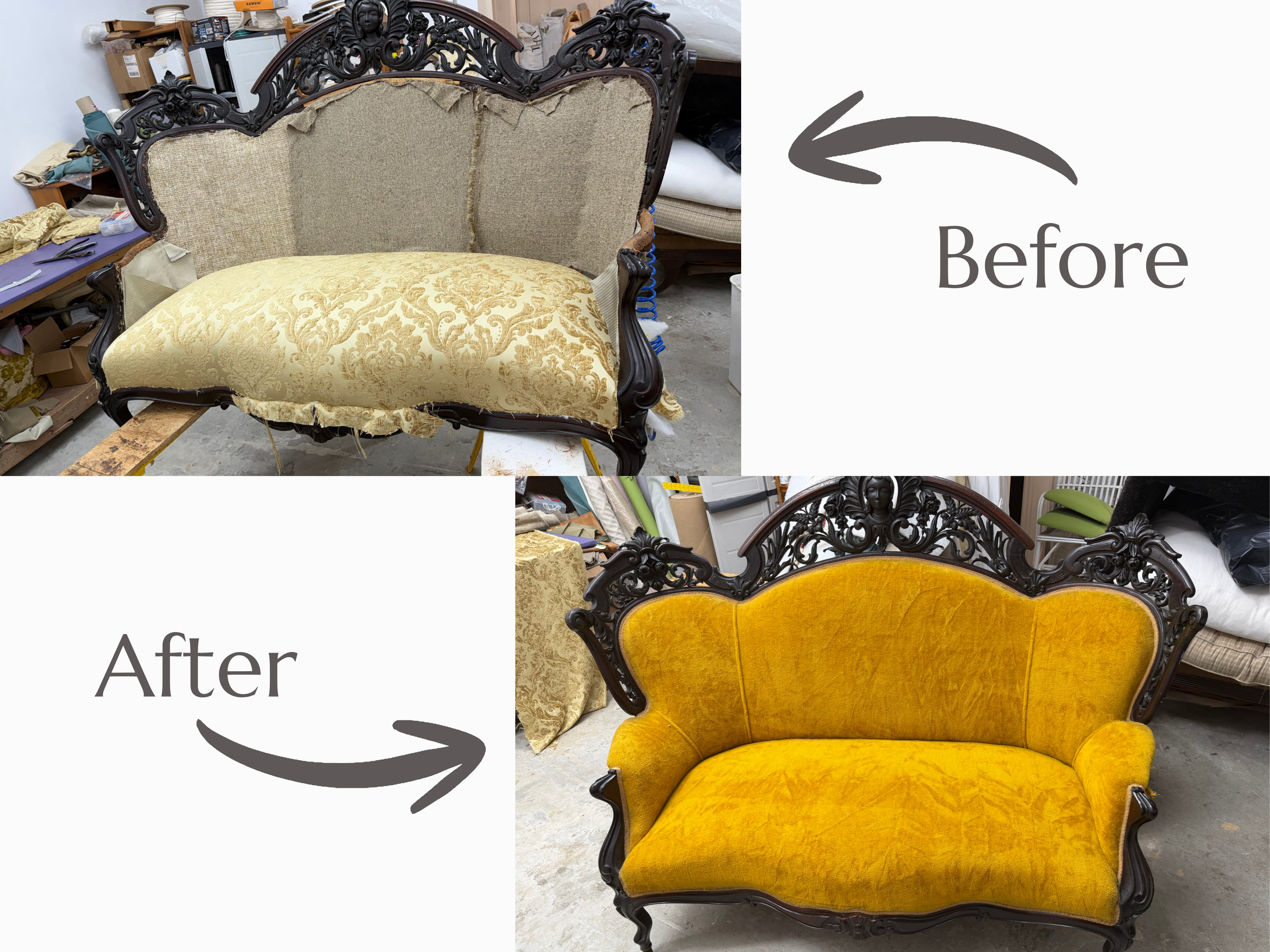 Before and after images of an antique carved wood sofa with a fabric upholstery. The 'before' shows the upholstery in a beige pattern fabric, damaged and torn. The 'after' shows the same sofa with a bright yellow velvet fabric upholstery, in good con