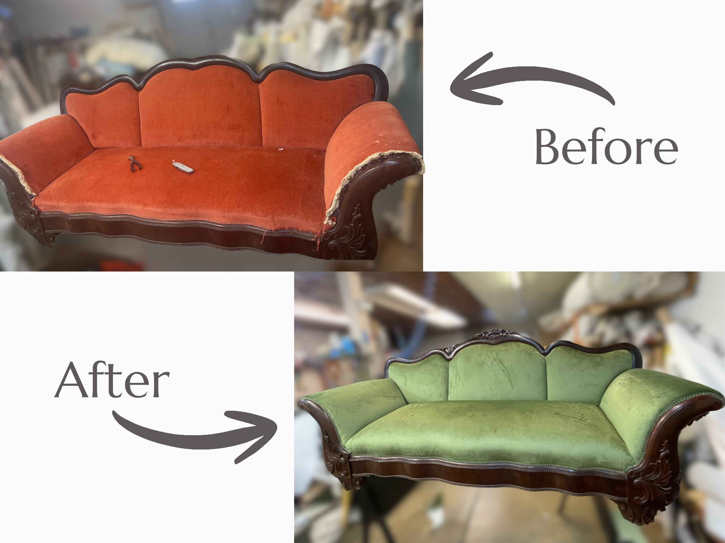 An old vintage-style settee with orange upholstery and a dark wood carved frame, showing signs of wear and tear on the fabric.