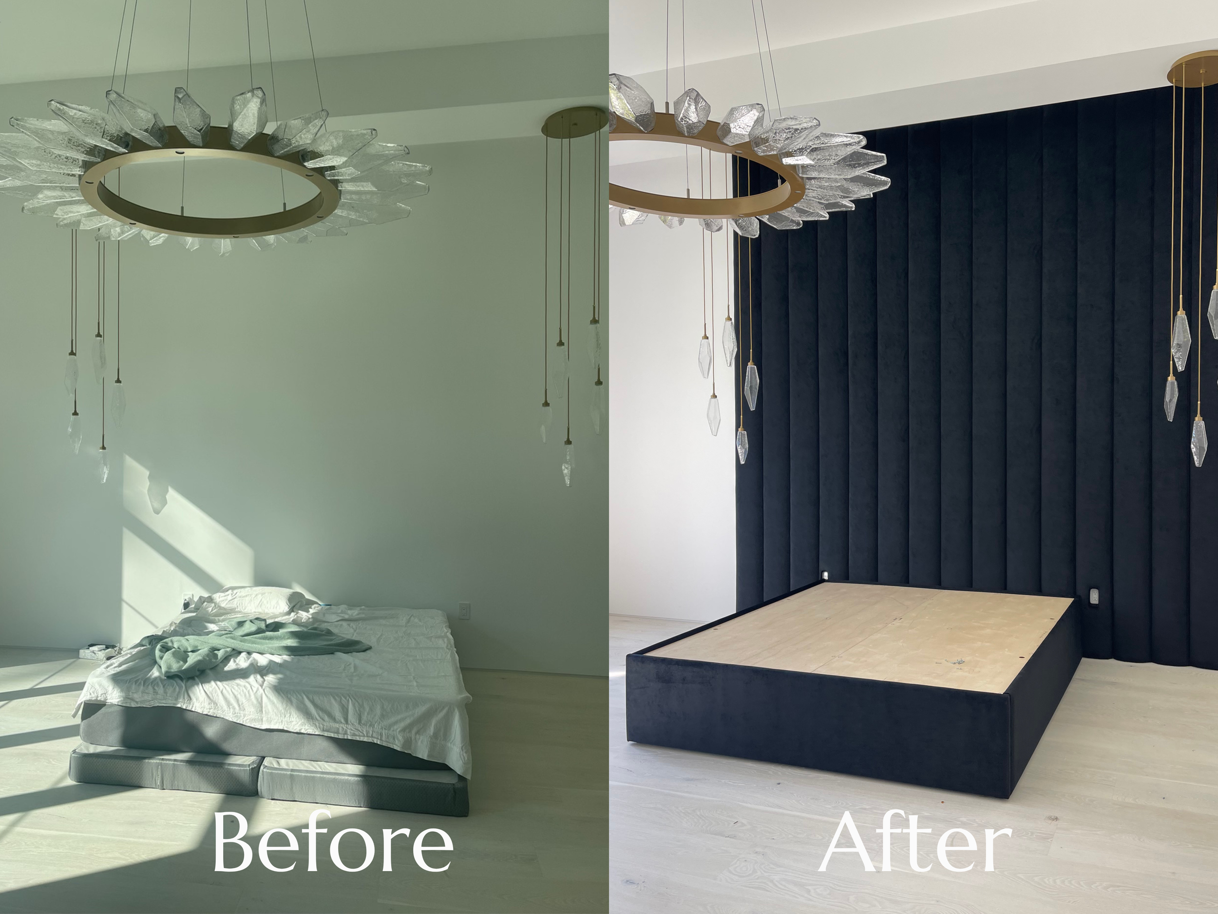 Side-by-side comparison of a room before and after renovation. The "before" side shows a messy bed with crumpled sheets and a plain, light-colored wall with a modern circular chandelier hanging from the ceiling. The "after" side displays a clean, org