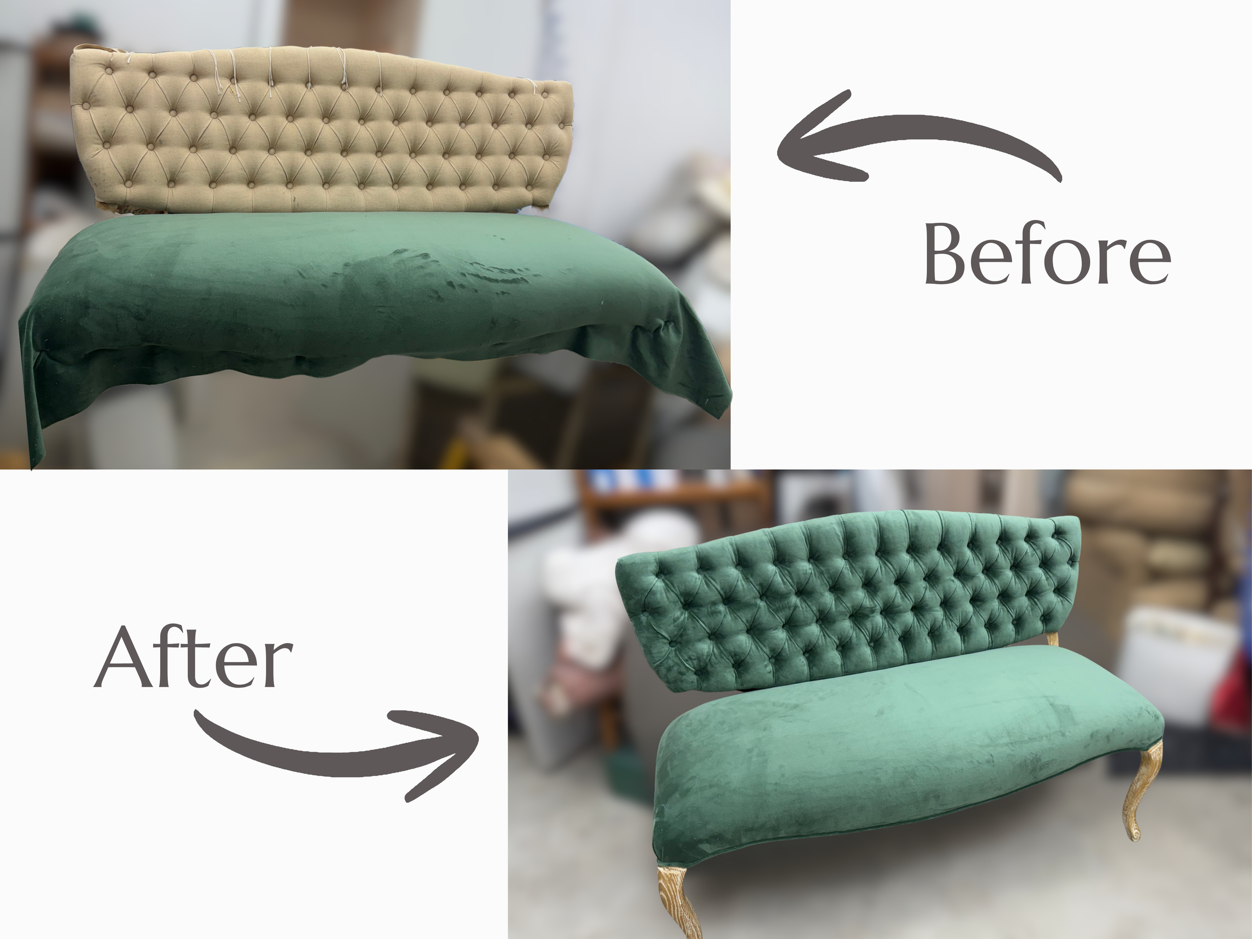Comparison of an upholstered vintage green velvet chair before and after cleaning or restoration, showing the chair's improved appearance.