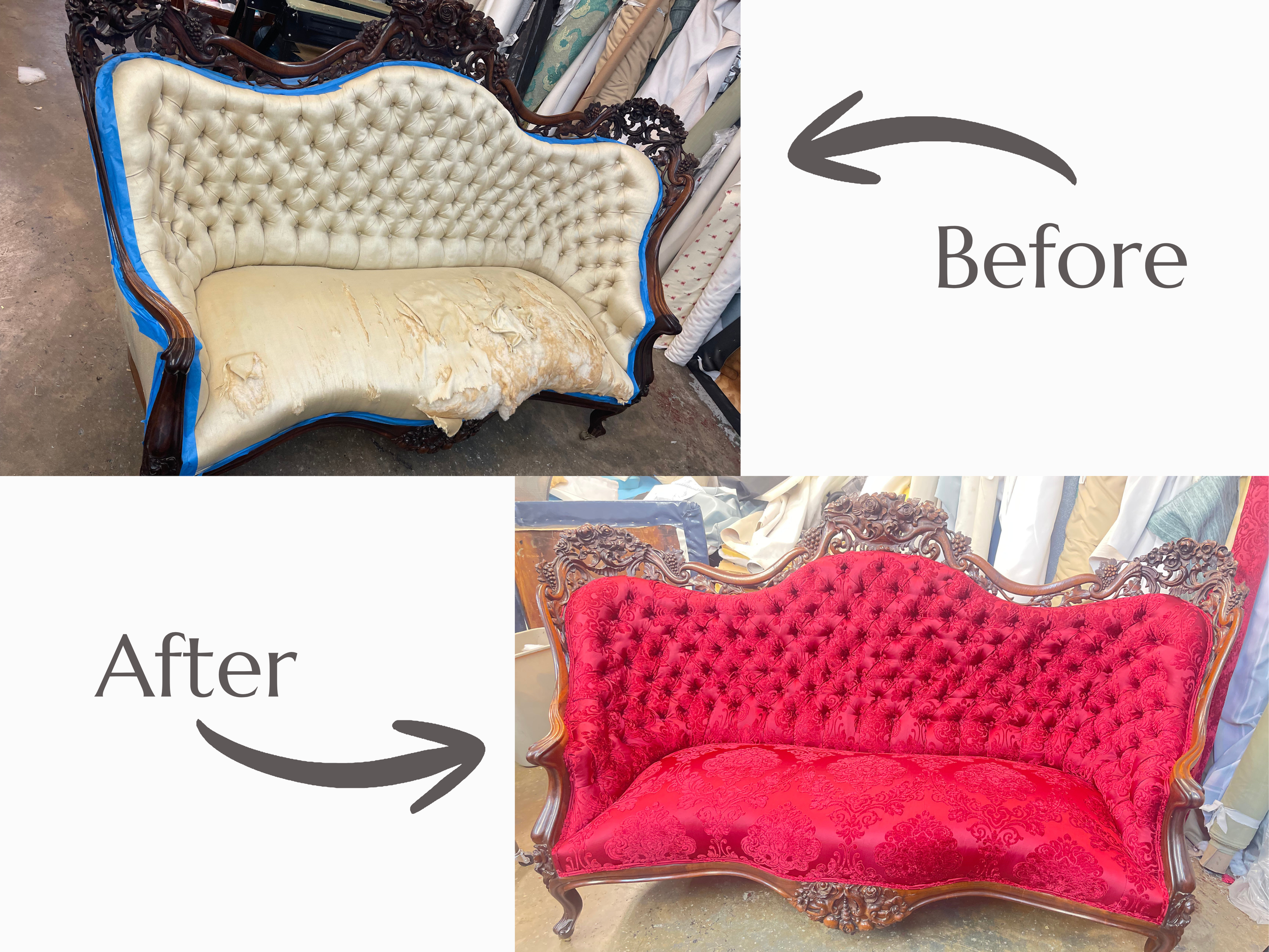 A vintage-style sofa with intricate wooden carvings and red velvet upholstery, shown in an 'after' repair state.