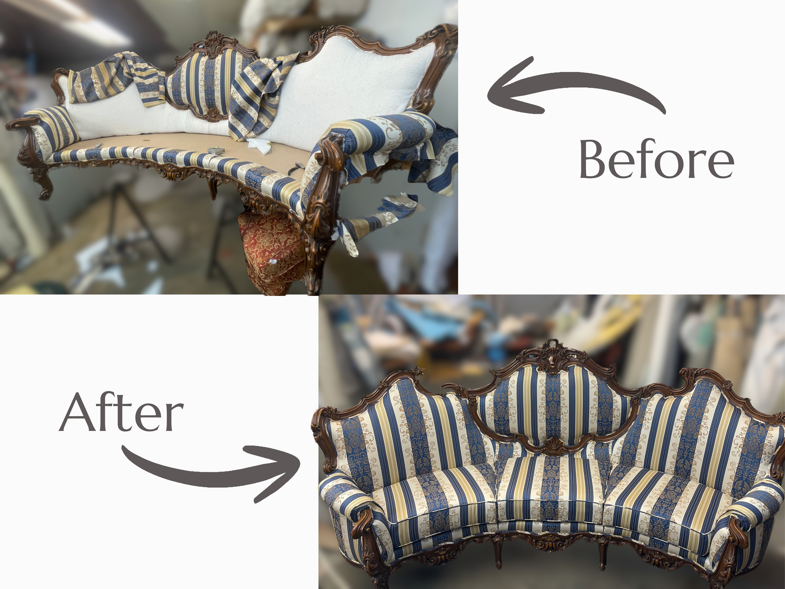 A vintage-style sofa with wooden carved details and blue, beige, and gold striped upholstery, placed in a workshop setting, with shipping labels and fabric samples around it.