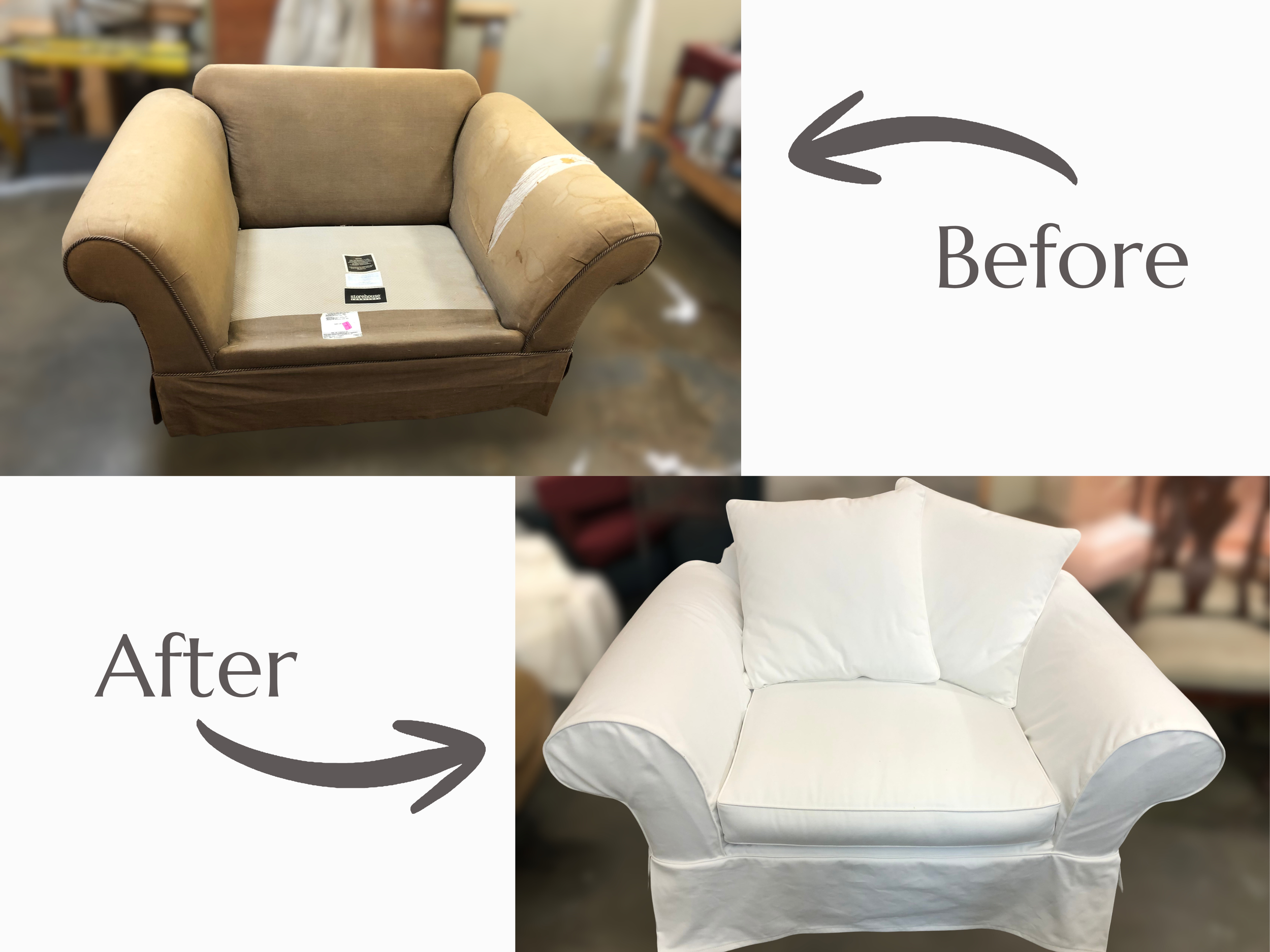 A two-tone armchair with wooden legs and a small rectangular label on the seat cushion, positioned in a warehouse or furniture store setting.