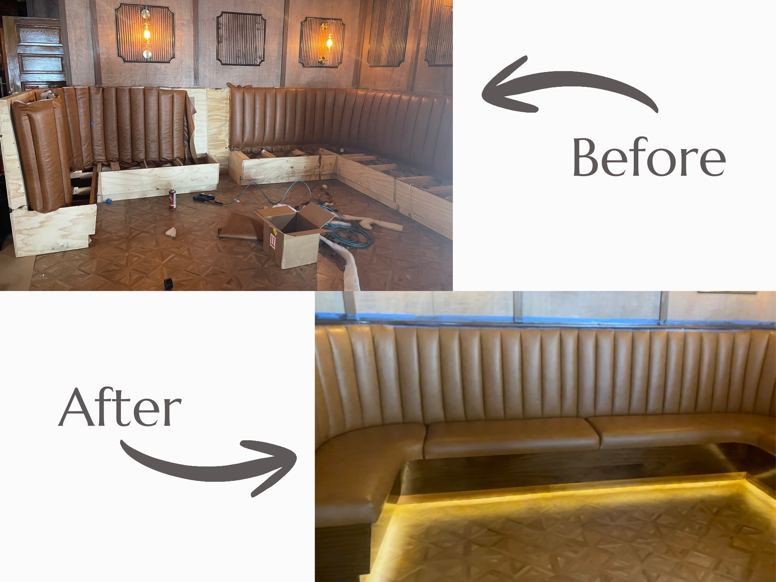 Comparison image showing a section of a booth with brown leather padding on the backrest and a wooden bench. The top part of the image labeled 'Before' shows the booth in disrepair, with the padding partially removed and the frame exposed. The bottom