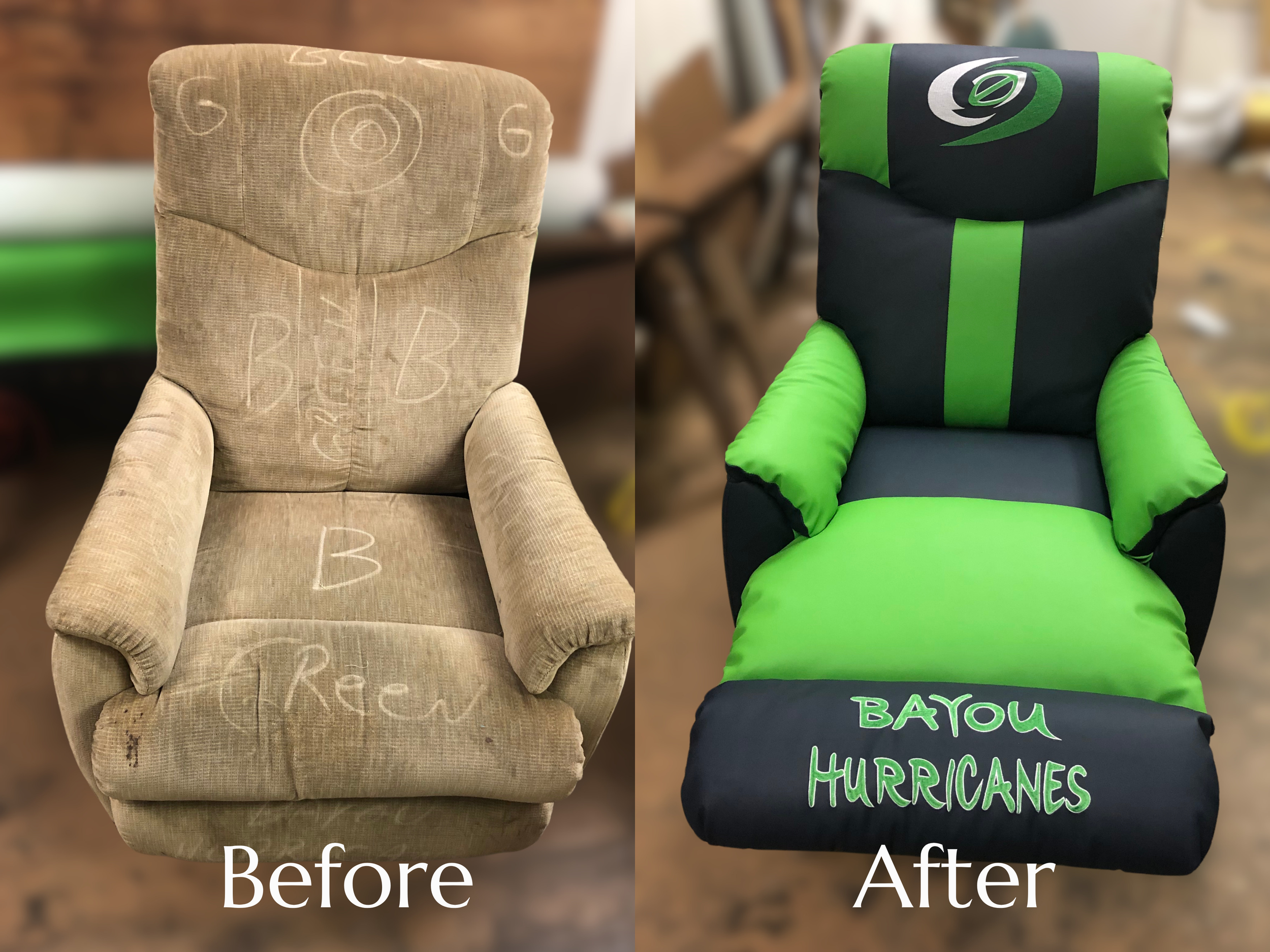 Comparison of two office chairs: the left chair is an old beige fabric armchair with writing and stains, labeled 'Before'; the right chair is a new black and green gaming-style chair with branding and text, labeled 'After'.