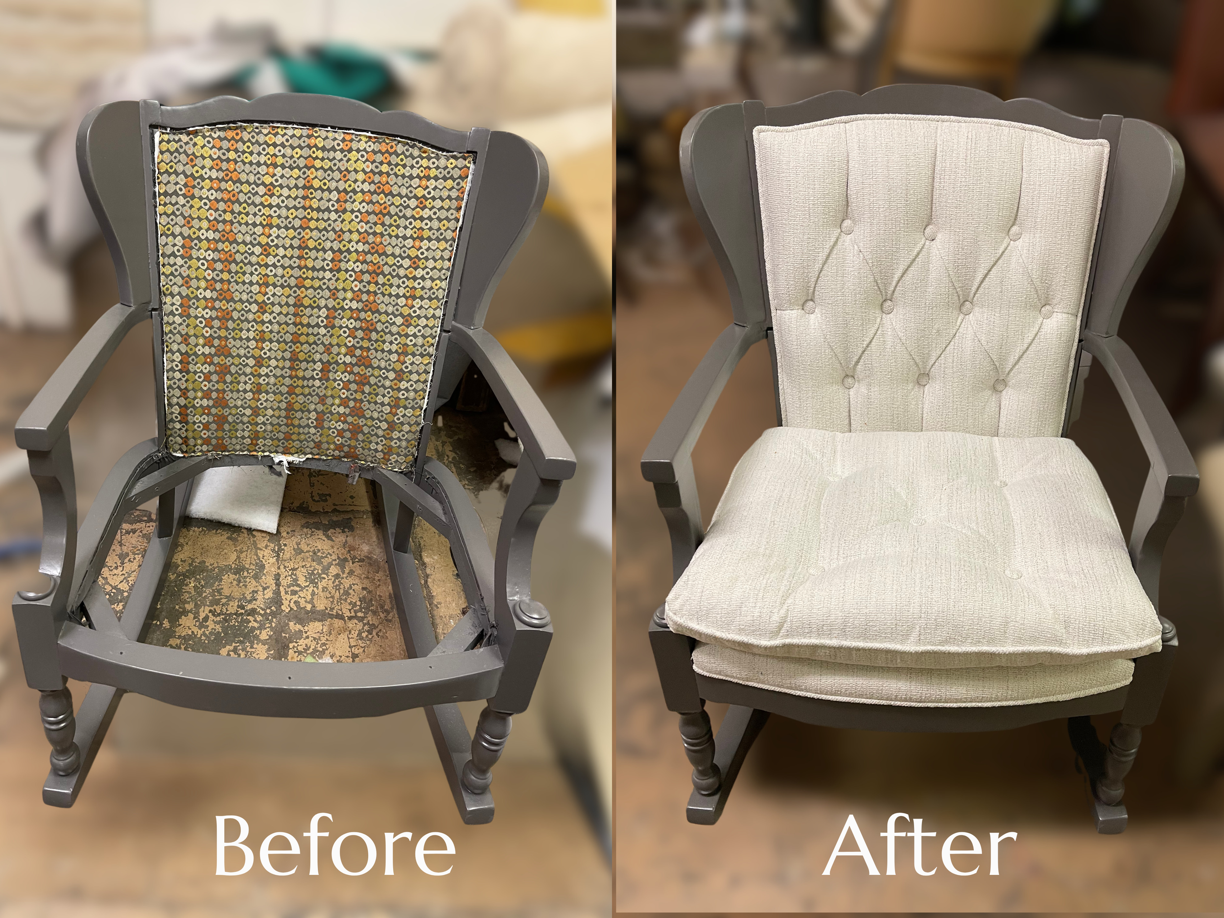 Side-by-side images of a finished upholstered dining chair, showing the before image with unfinished, damaged, and worn fabric on the backrest, and the after image with a new, cream-colored, tufted fabric upholstery on the chair's backrest and seat.