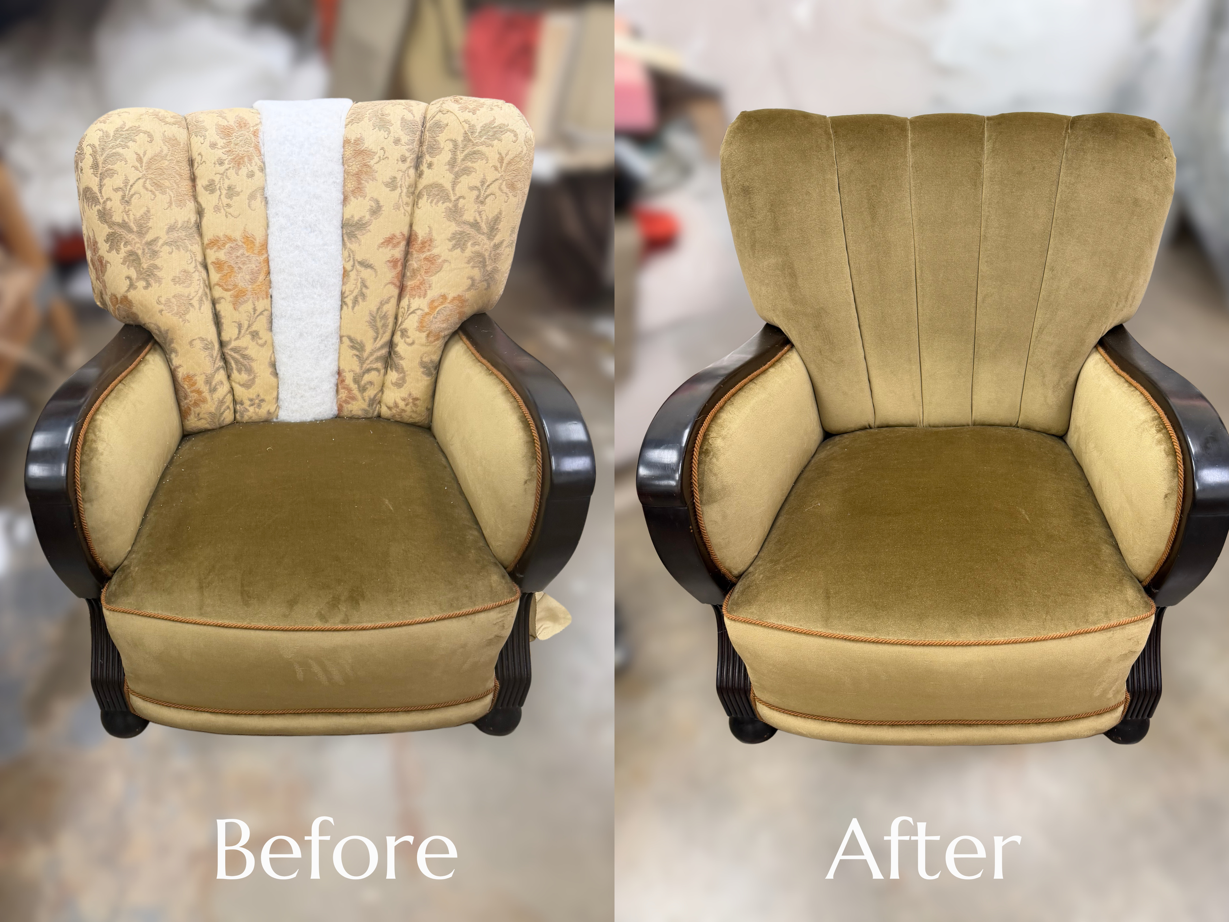 Side-by-side comparison of a vintage armchair before and after cleaning or restoration. The "before" side shows the chair with a floral-patterned fabric that is dirty and stained, while the "after" side displays the same chair with clean, solid-color