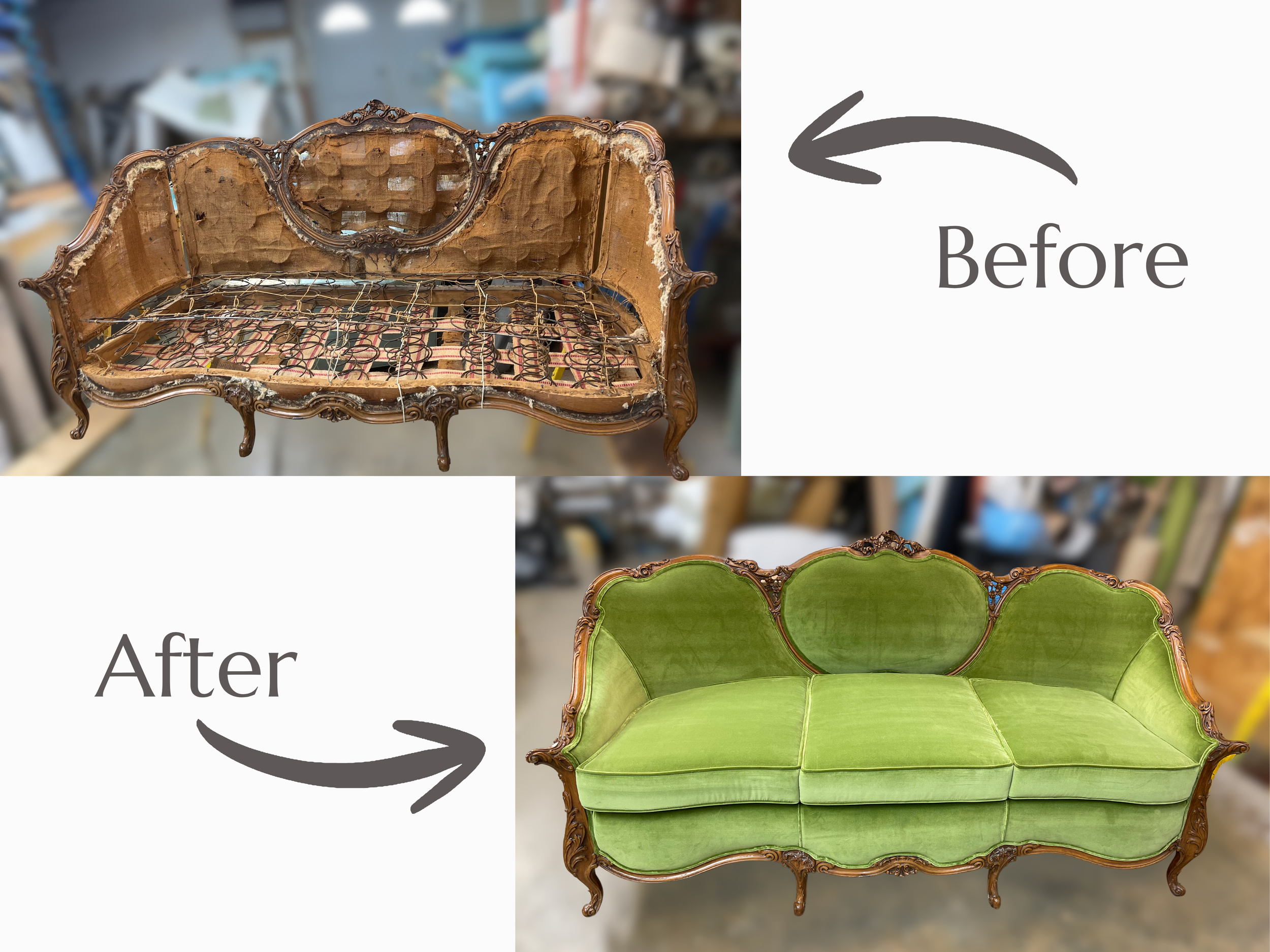 Before: Vintage wooden loveseat with ornate carved details, missing upholstery and seat springs. After: Restored loveseat with bright green velvet upholstery and intact wooden frame.