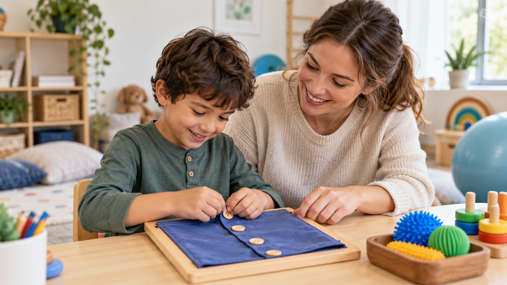 Child practising button fastening with an occupational therapist to develop daily living and fine motor skills