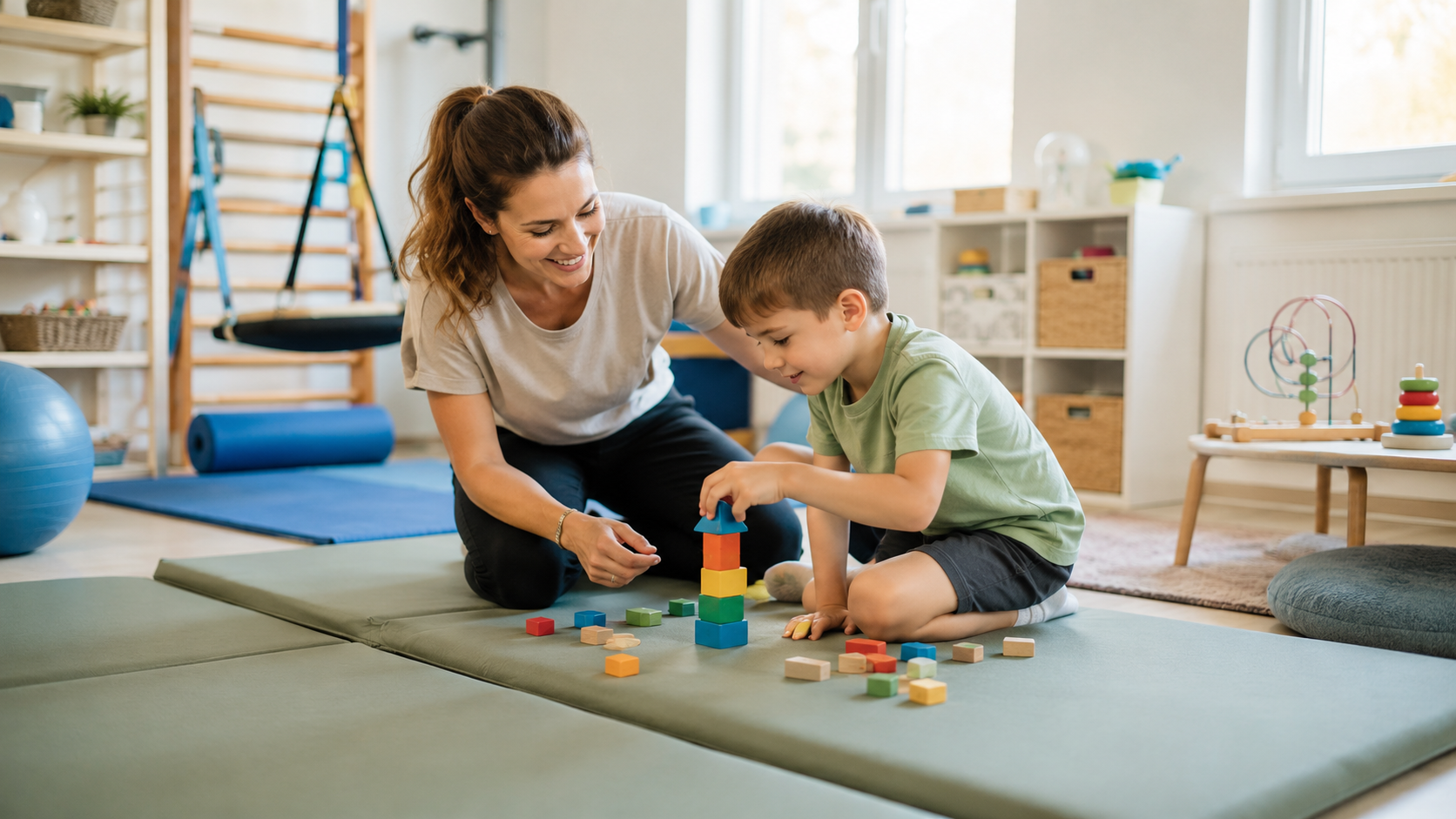 Child therapist helping boy with building blocks