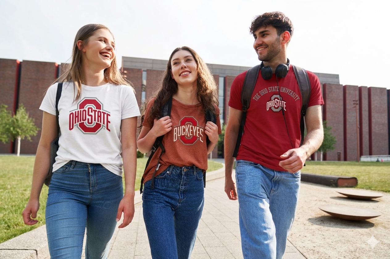 Three college students walking on campus, wearing Ohio State University and Ohio State Buckeyes shirts, smiling and talking.
