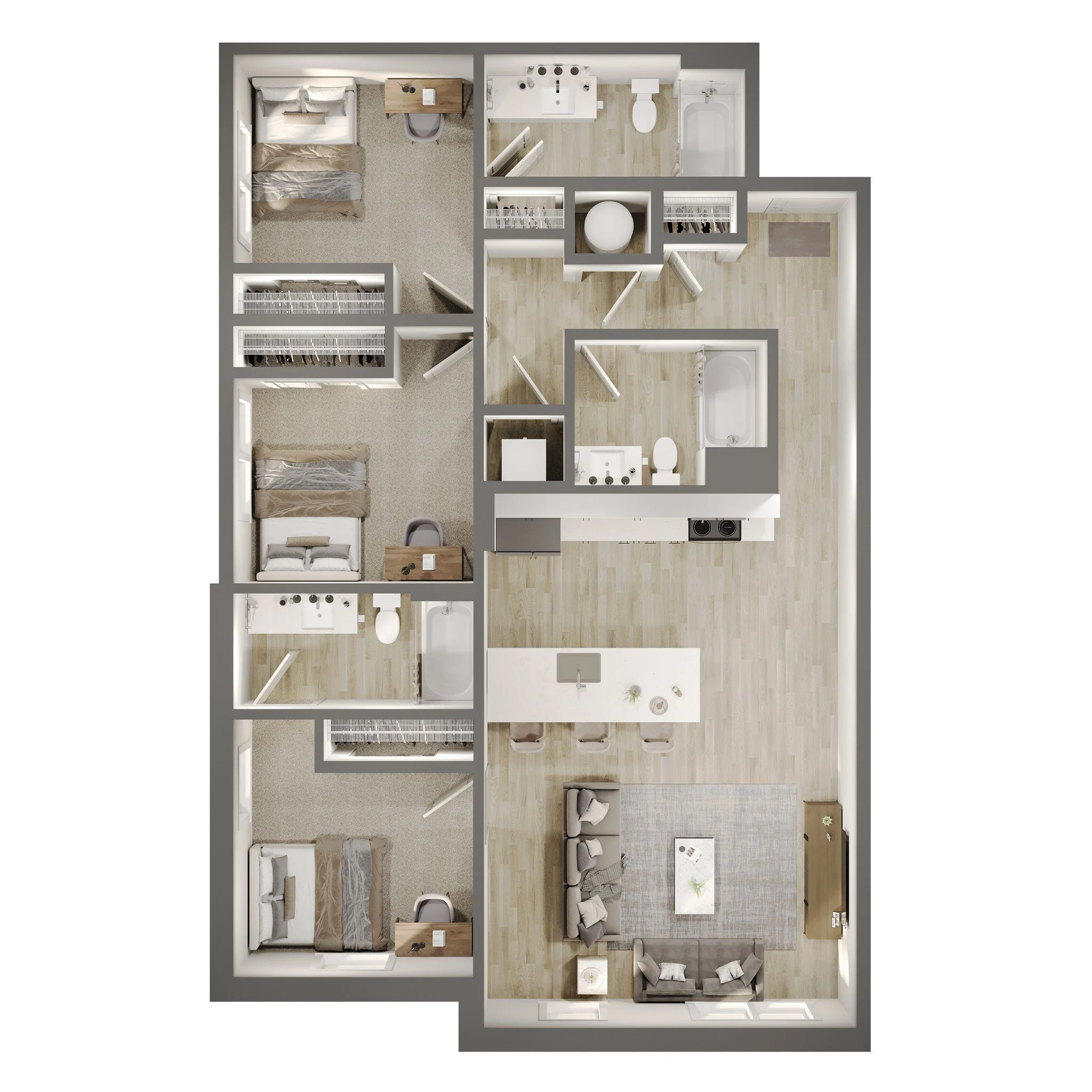 The C1 3 bed, 3 bath floorplan is built for group living 🙌 Spacious and comfortable, with plenty of room for everyone to have their own space. Contact us to schedule a tour! 📞

#PeerOn7th #StudentHousing #ThreeBedroom #GroupLiving #CampusApartments