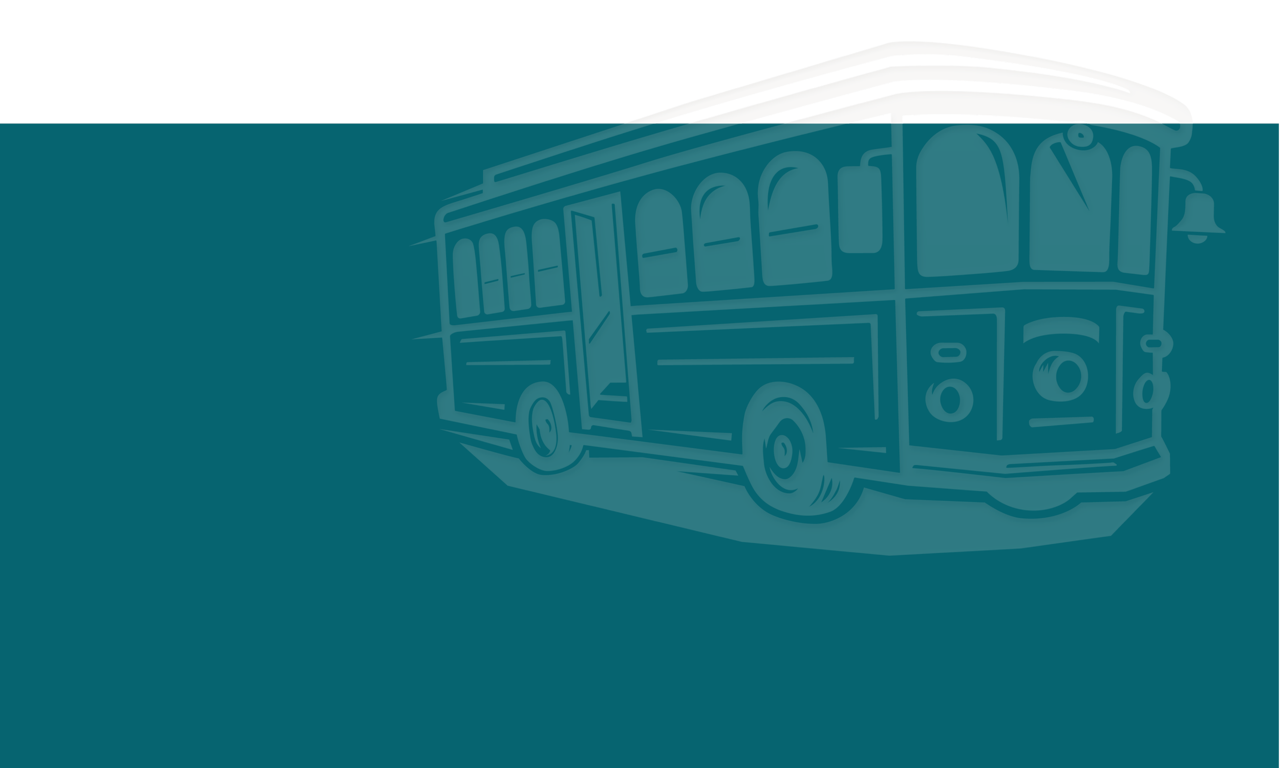 Outline drawing of a vintage bus on a dark background with a teal overlay.