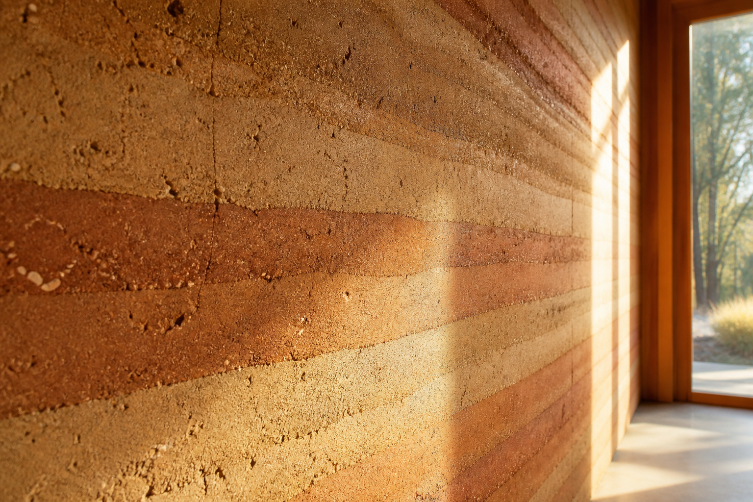 Close-up of a brick wall illuminated by sunlight, with a window or door frame on the right side and outside greenery visible through the opening.