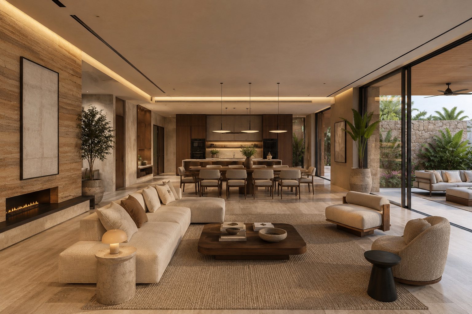 Modern open-concept living room and dining area with neutral tones, minimalist furniture, and large glass sliding doors opening to outdoor greenery.