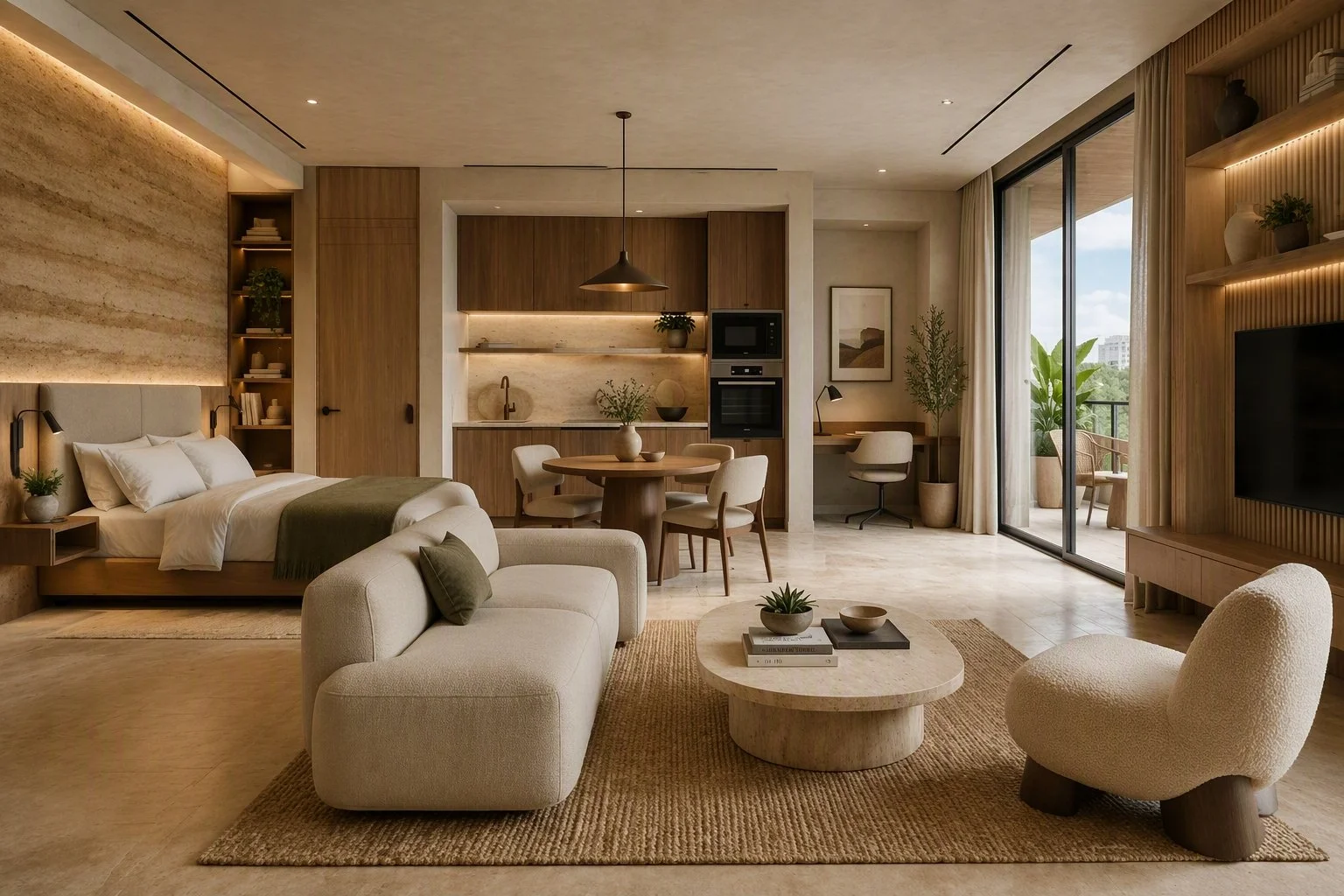 Modern studio apartment with a bed, sofa, coffee table, dining table, kitchen area, and balcony with potted plants.