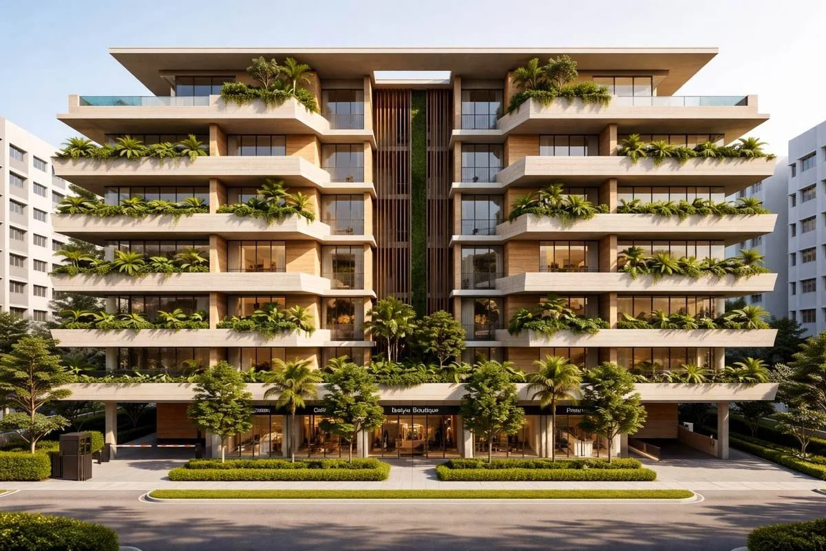 Modern multi-story apartment building with large glass balconies and lush greenery on each floor. Ground level features commercial spaces and a landscaped sidewalk with trees and bushes.