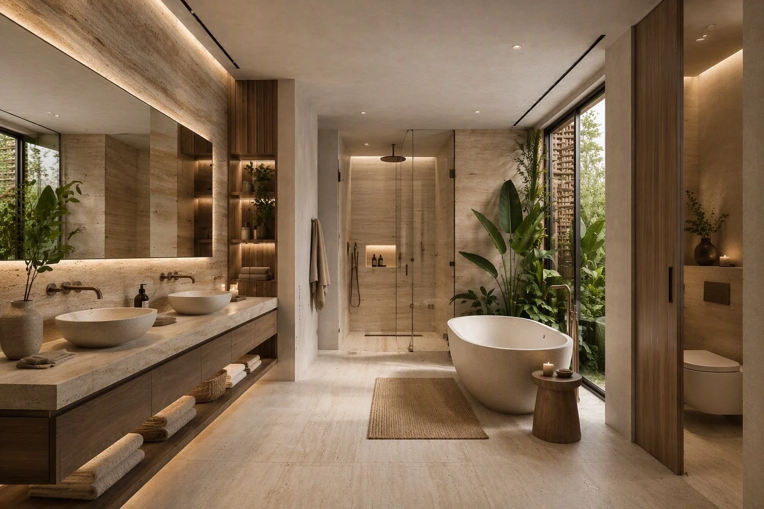 Modern bathroom with dual sinks, large mirror, bathtub, walk-in shower, wooden cabinets, and greenery outside large windows.