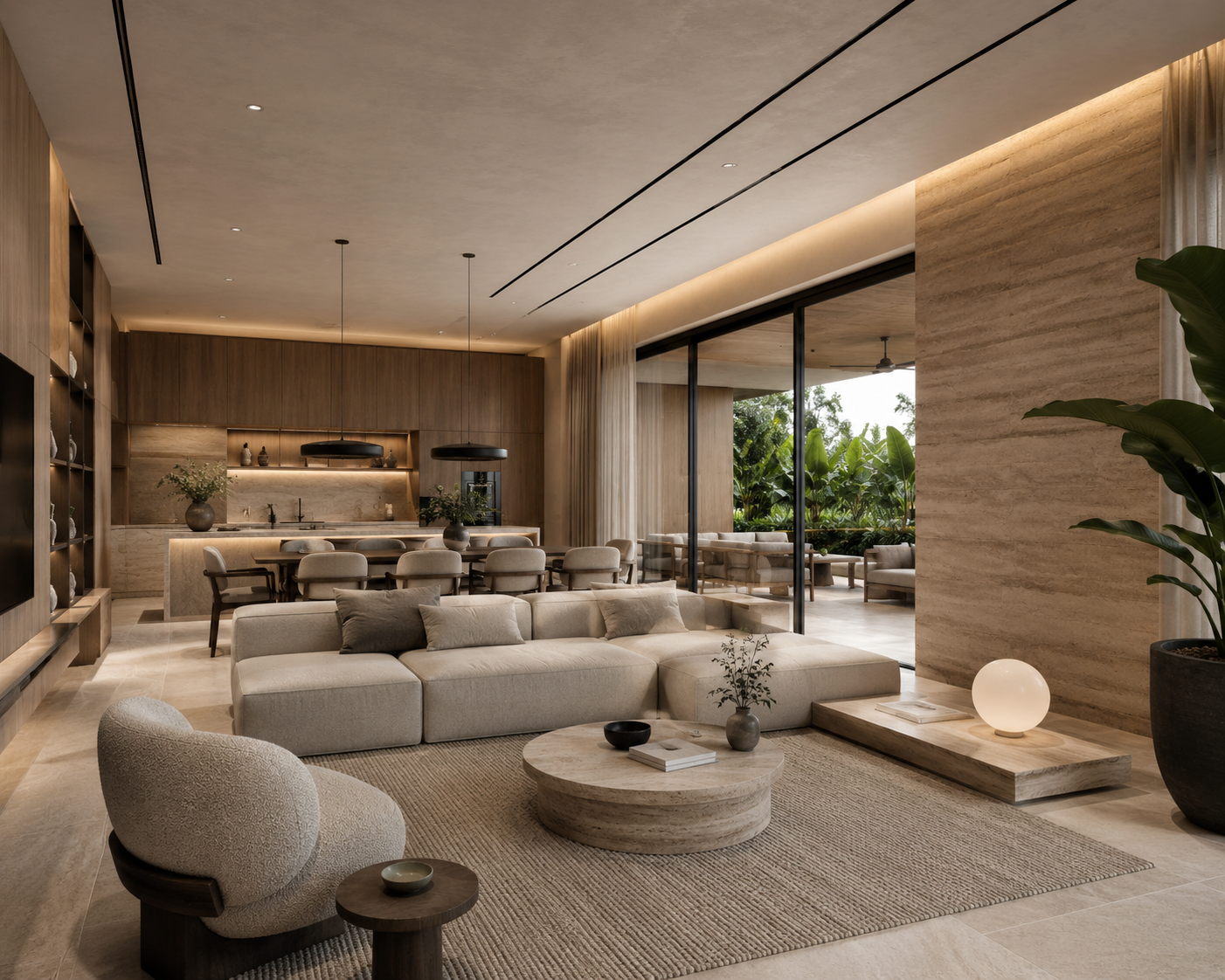 Modern living room with beige sectional sofa, round coffee table, and armchair, with a dining area in the background and large sliding glass doors leading to an outdoor patio with lush greenery.