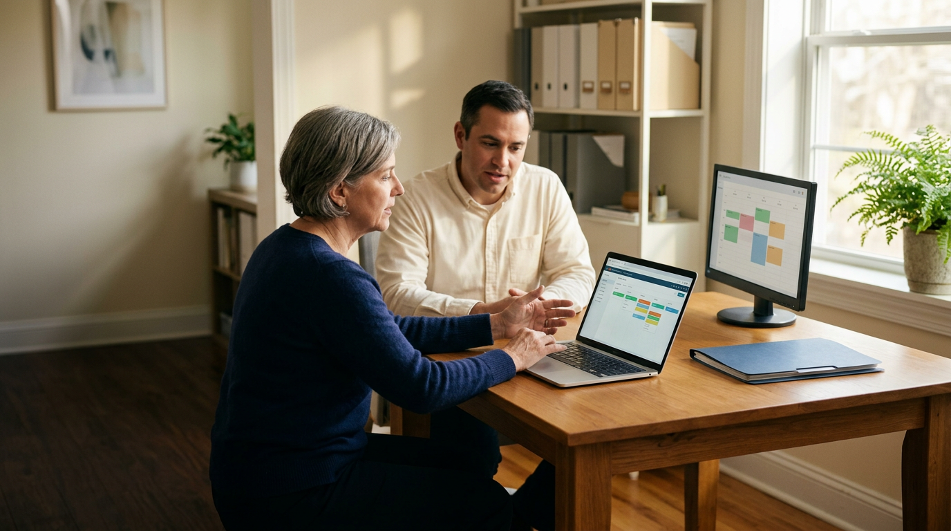 An older woman and a younger man sitting at a wooden desk with a laptop, talking and gesturing. The woman is wearing a blue sweater and the man a cream shirt. On the desk, there are two monitors displaying colorful schedules or charts, and a closed blue folder. In the background, there is a bookshelf with binders and a large window with sunlight and a potted fern.