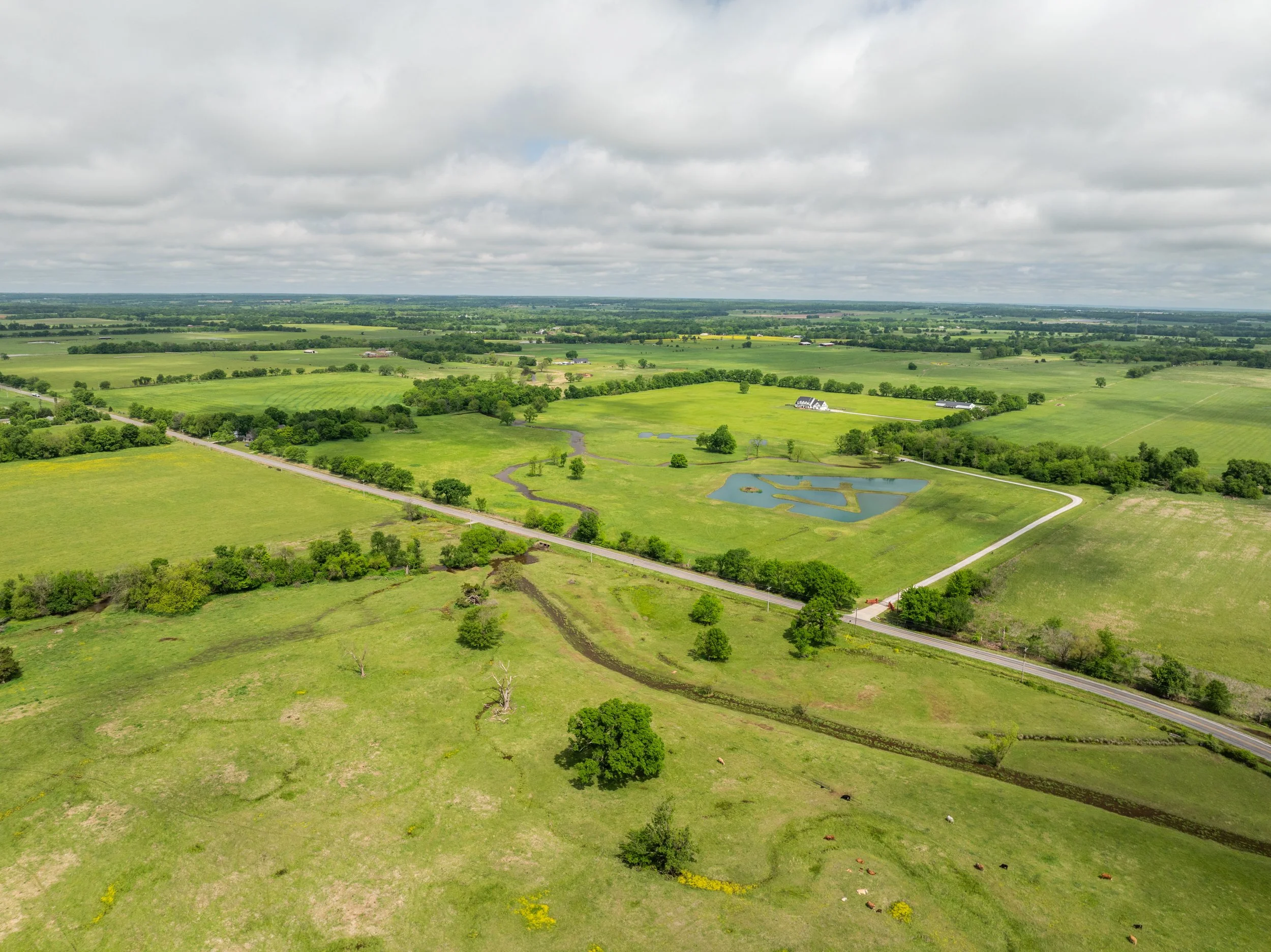 A wide aerial view of green fields with scattered trees, a pond, farm buildings, and roads under a cloudy sky.