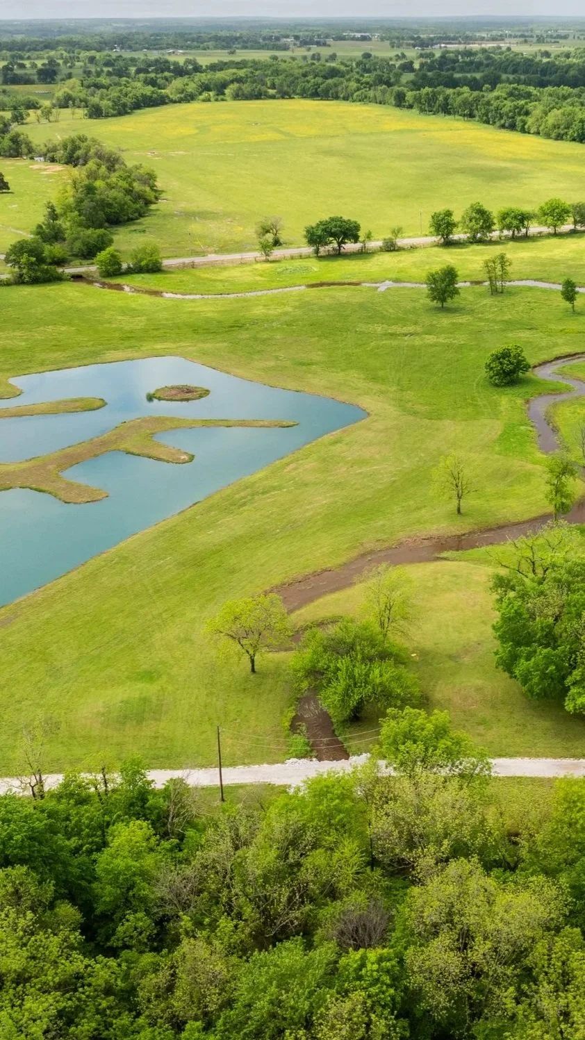 Aerial view of a lush green landscape with a small pond with branching inlets, trails, trees, and open fields extending to the horizon.