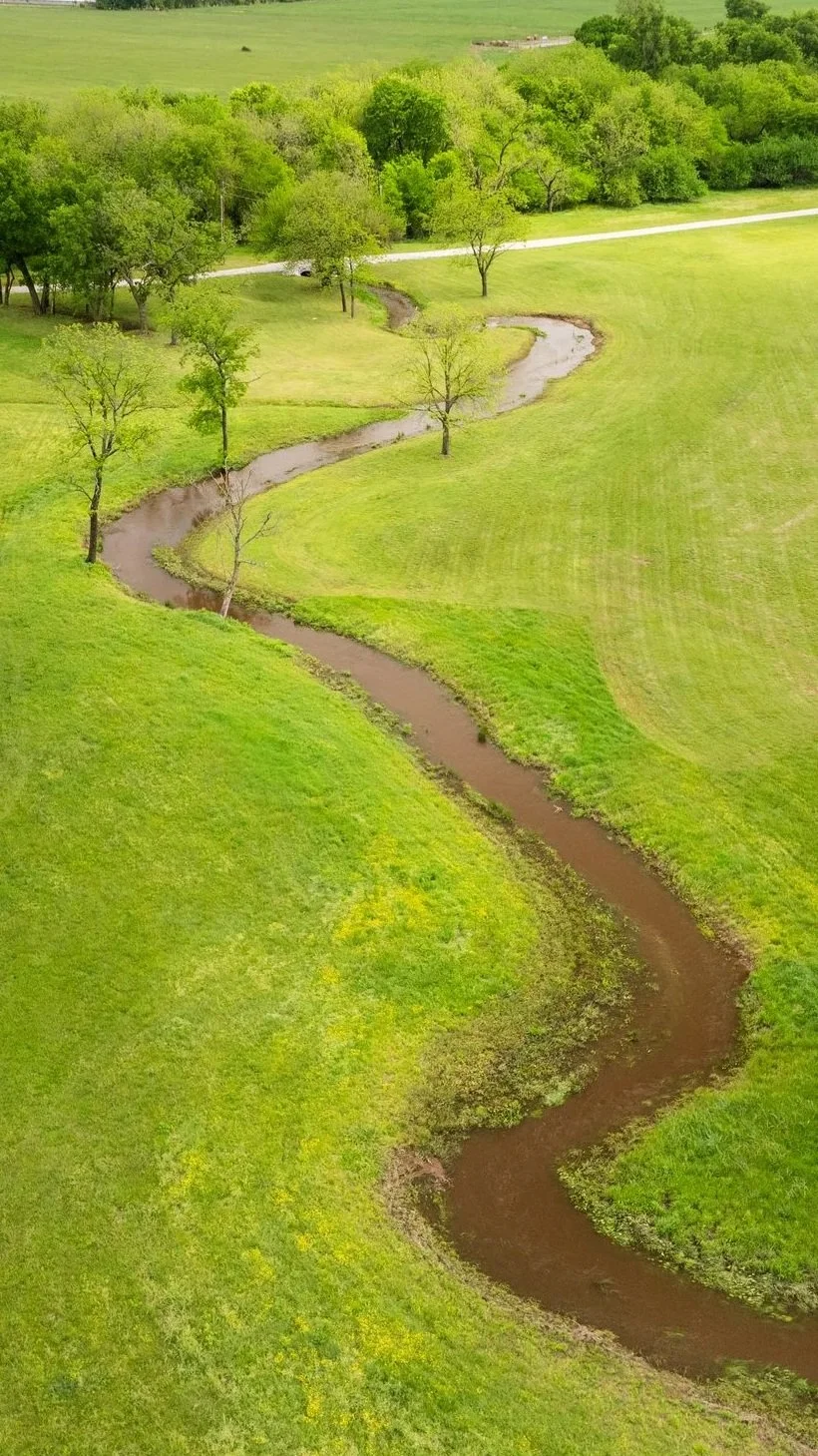 A winding creek flowing through a grassy green field with several trees, and a gravel road in the background, under a cloudy sky.