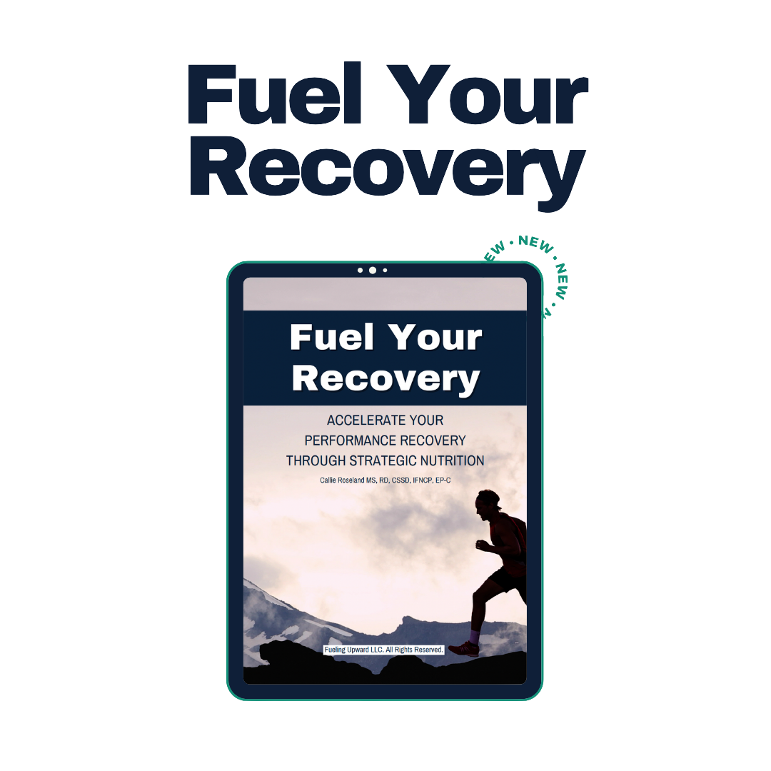 Book cover titled 'Fuel Your Recovery' with a subtitle about accelerating performance recovery through strategic nutrition. Features a silhouette of a person running with a mountain landscape background.