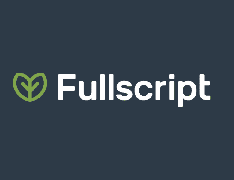 Fullscript logo with a green leaf icon and white text on a dark background.