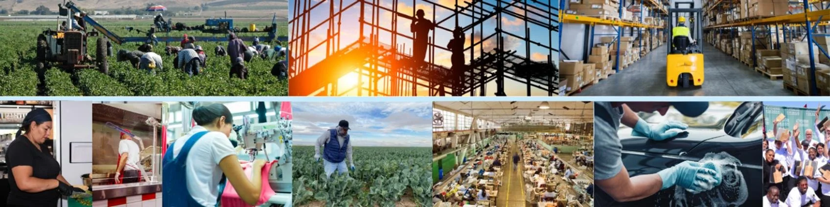 A collage of various work environments including agriculture, construction, warehouse, manufacturing, automotive detailing, and market scenes.