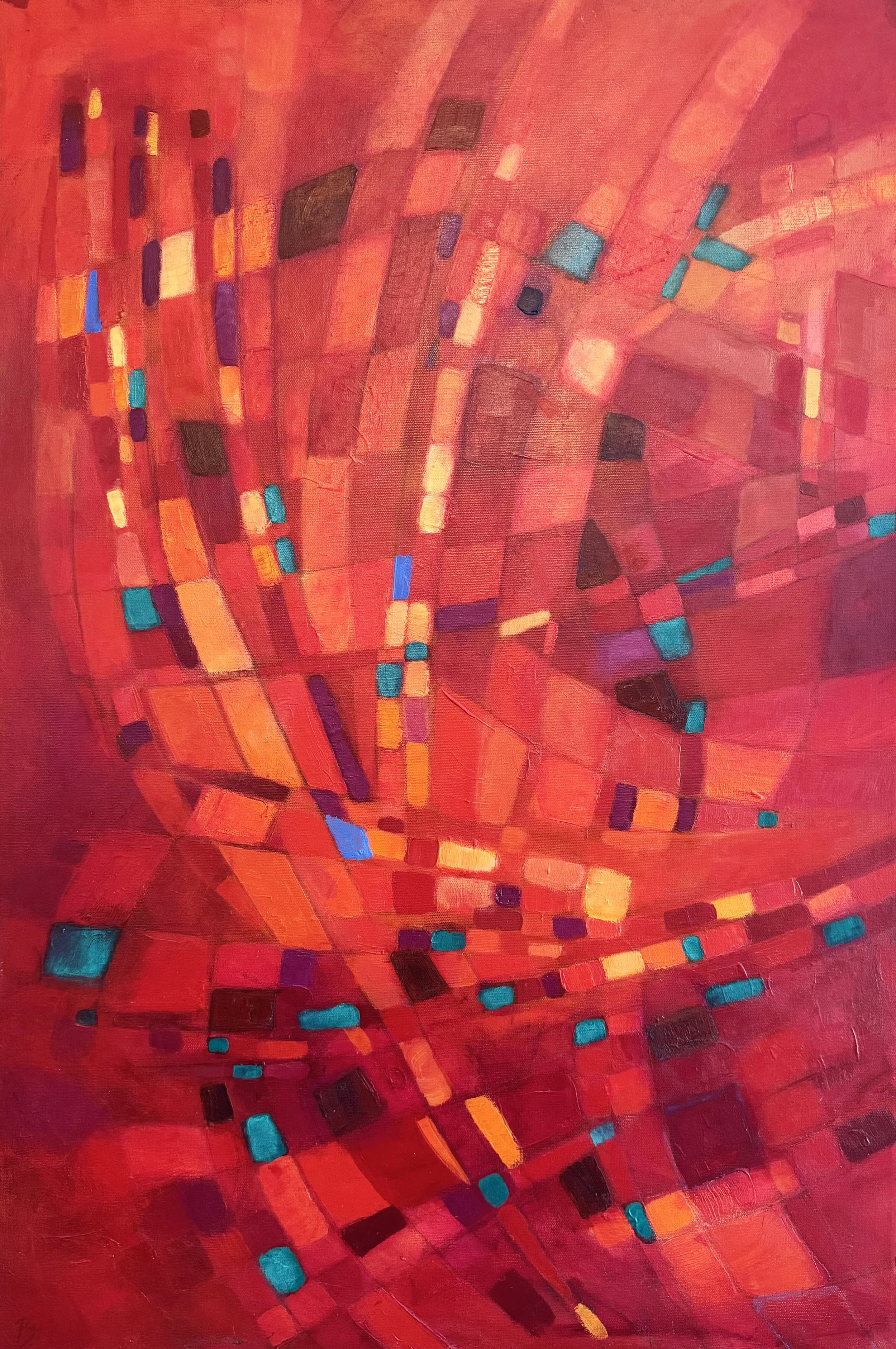 An abstract painting featuring a curved grid of interlocking squares and rectangles in shades of red, orange, and magenta with scattered pops of teal.