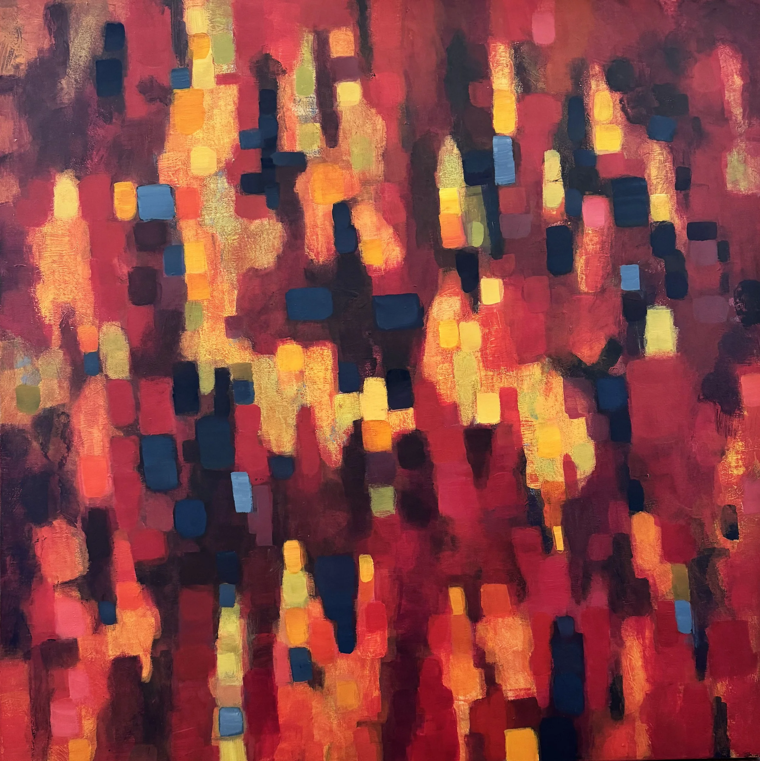 Vertical abstract painting with small, blocky strokes of yellow, orange, and blue flickering against a deep magenta and burgundy background.