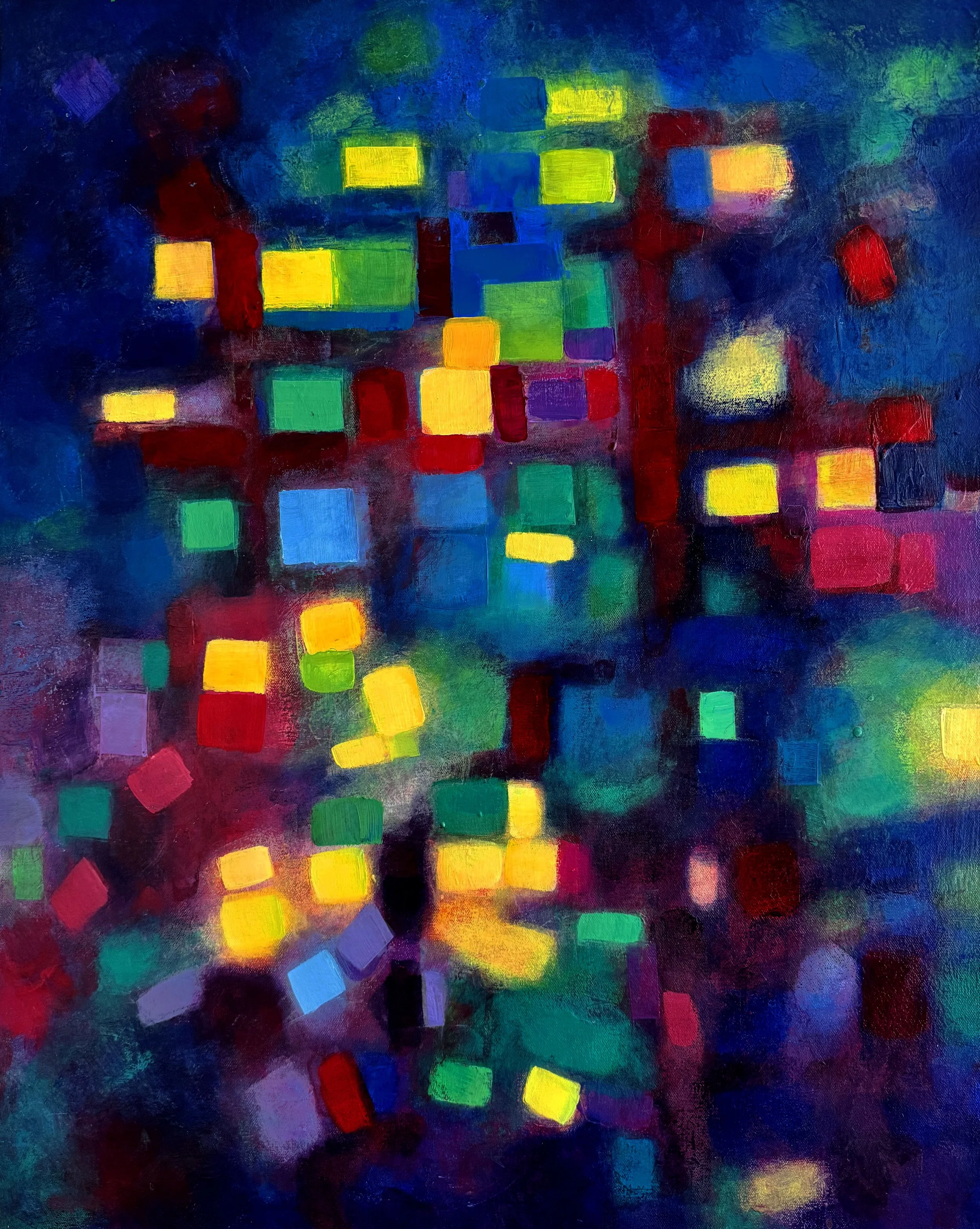 Abstract painting with a dark blue and purple background populated by scattered, glowing square patches in bright yellow, emerald green, and teal.