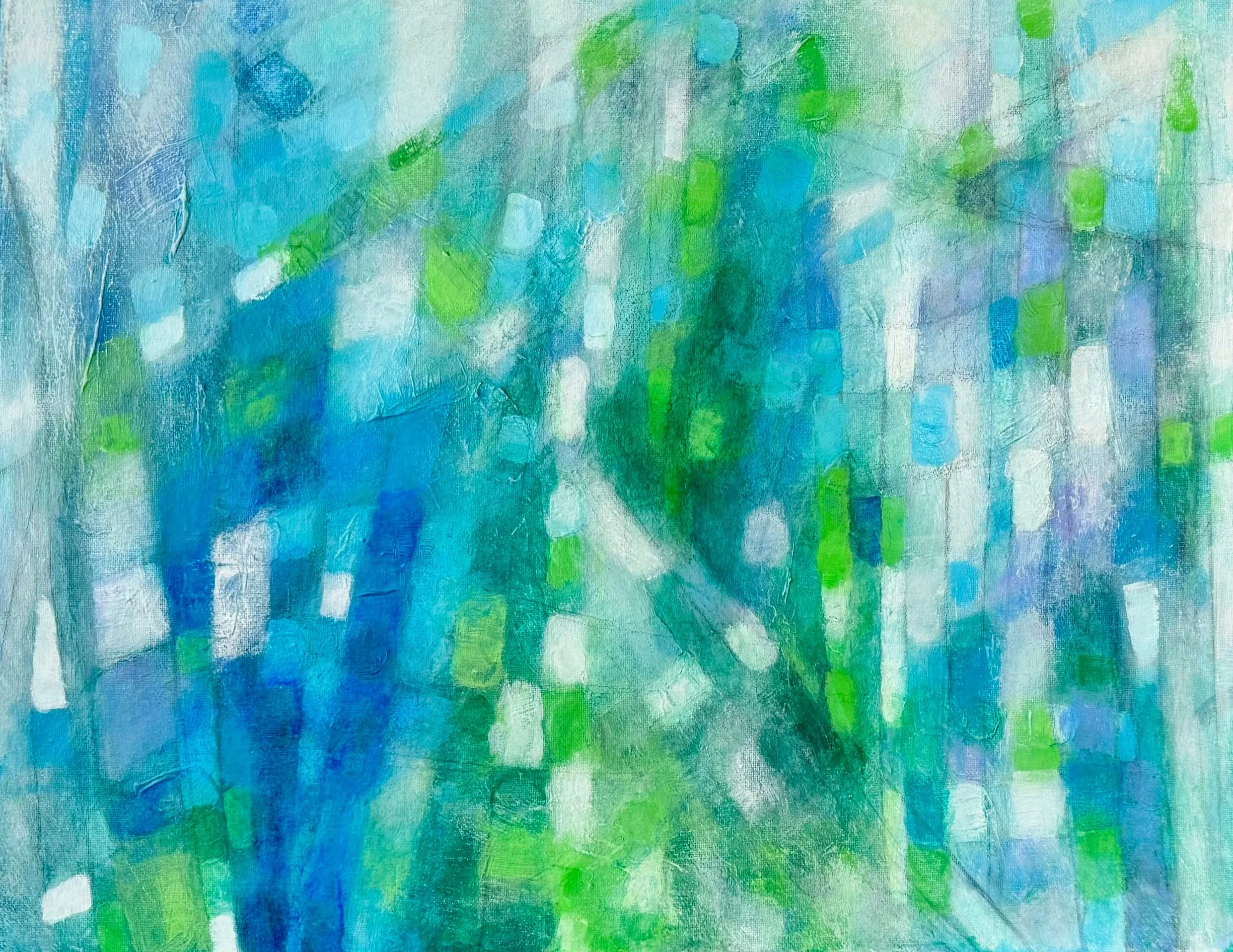 Abstract painting with rectangular patches of teal, cobalt blue, emerald green, and soft white light.