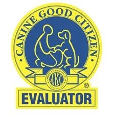 Seal of the CANINE GOOD CITIZEN evaluator program featuring a yellow circle with a blue background, a person with a dog, and text indicating 'CANINE GOOD CITIZEN EVALUATOR'.