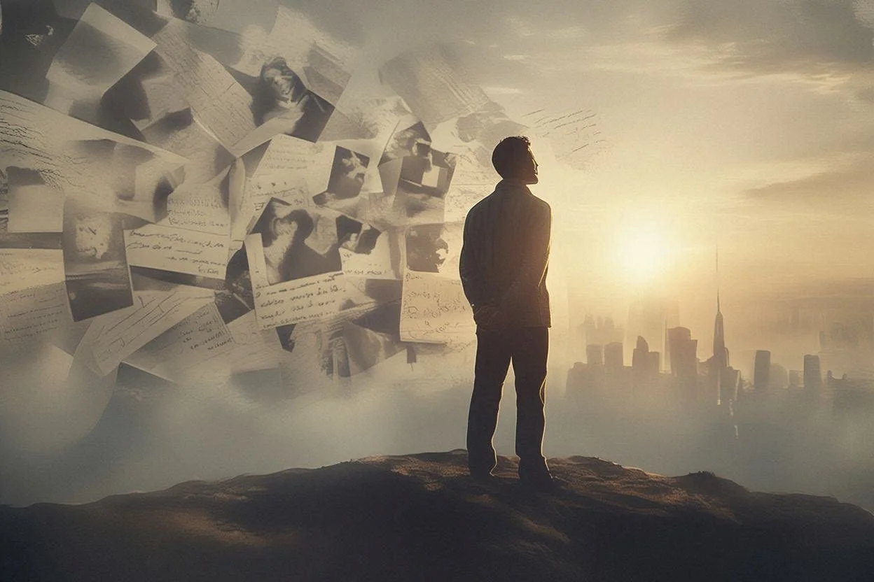 A man standing on a hilltop at sunset, looking at floating photos and handwritten notes with a city skyline in the background.