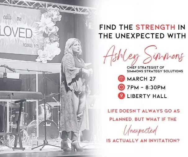 Event flyer featuring a woman speaking on stage about finding strength in the unexpected, with event details including date, time, location, and a biblical quote.