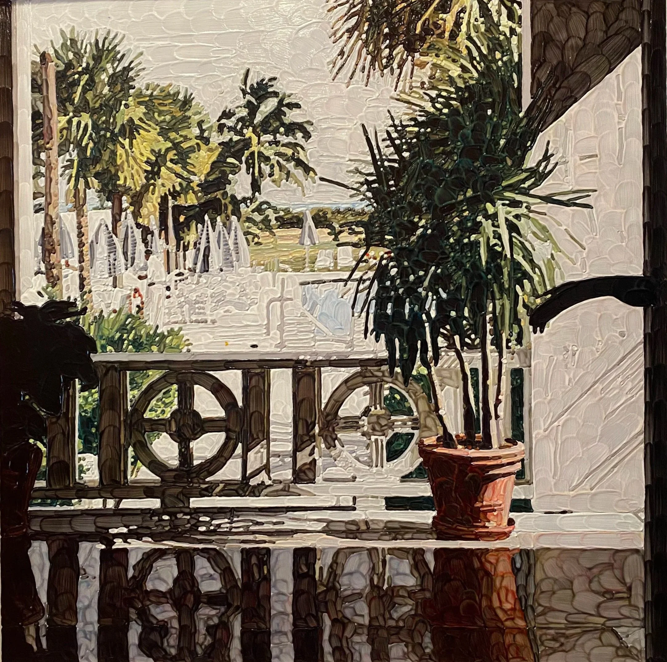 Miami Beach, 1990s. Acrylic, 17 3/4 x 18 in. (21 x 21 in. framed)