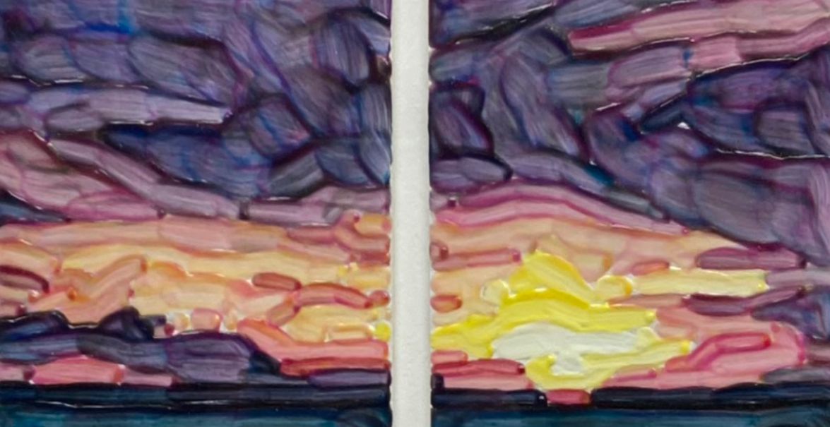 Sunset Diptych. 2000s. Acrylic on museum board, 5.25 x 2.5 in. (12.25 x 9.5 in. framed) $900