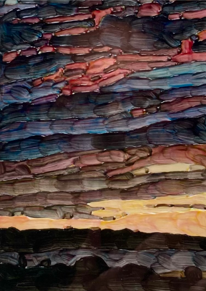 Sunset, Dark Clouds, 2010s. Acrylic on museum board, 7.5 x 4.5 in. (14.5 x 11.5 in. framed) $1,200