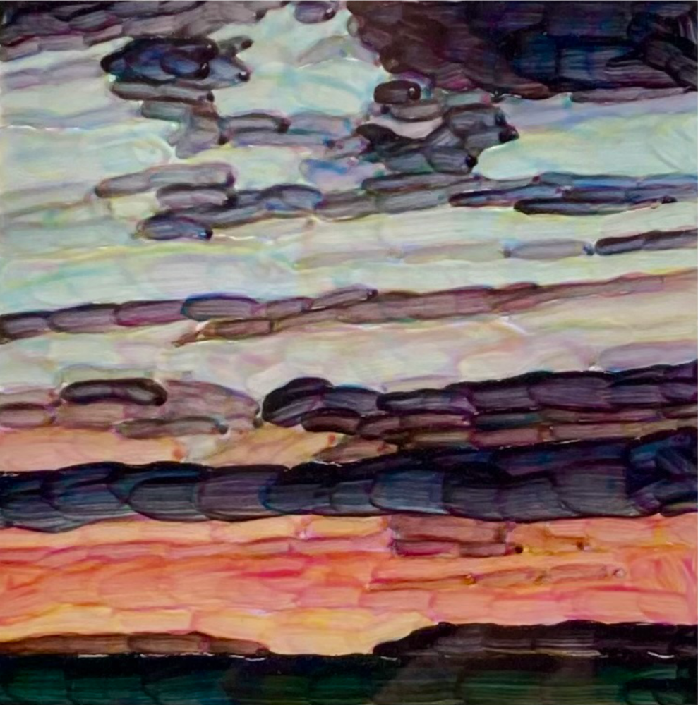 Square Sunset, 2020s. Acrylic on museum board, 4 x 4 in. (11 x 11 in. framed) $1,500