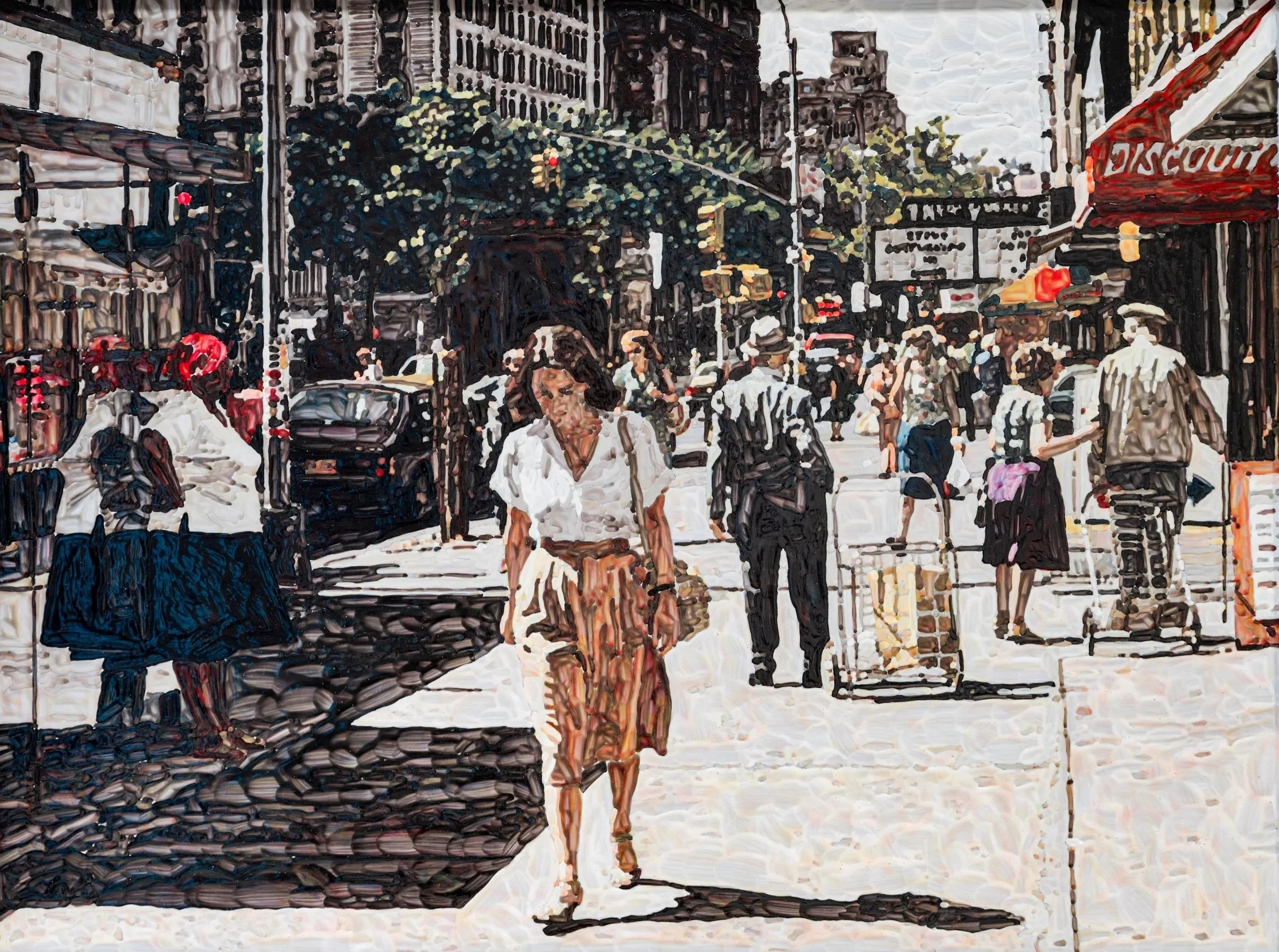 Woman Walking, Upper West Side, 1980s. Acrylic, 11 x 16 in. (13 5/8 x 17 5/8 in. framed)
