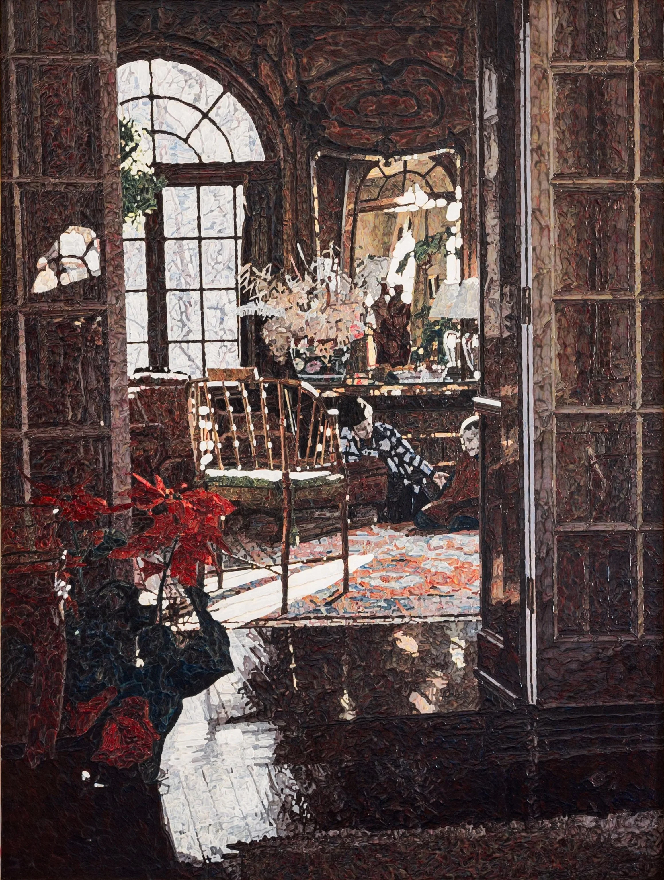 David and Sarah with Poinsettias, 1980s. Acrylic, 32 x 24 in. (34 1/2 x 26 1/2 in. framed)