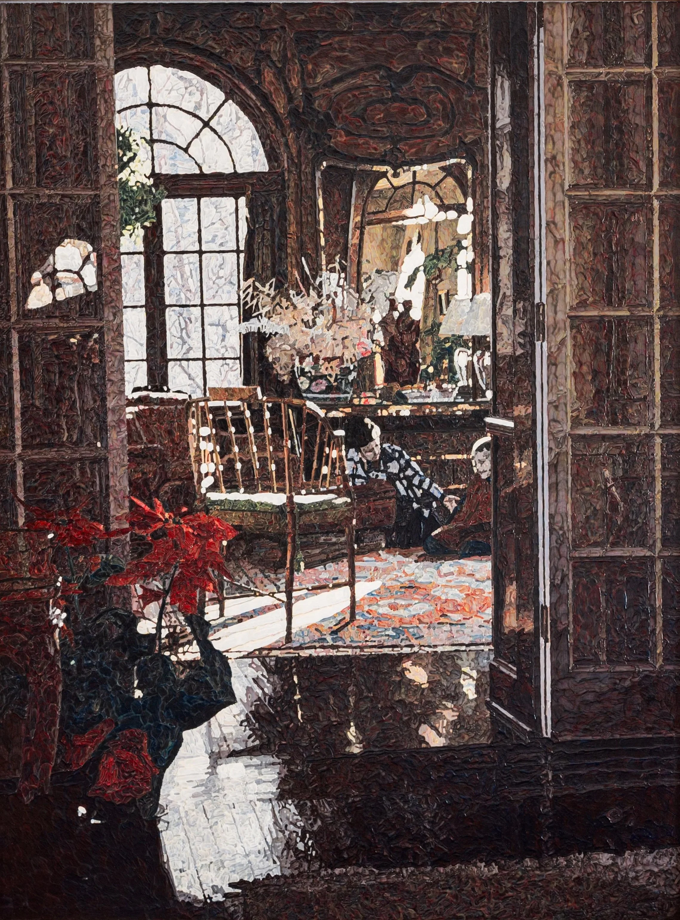 David and Sarah with Poinsettias, 1980s. Acrylic, 32 x 24 in. (34 1/2 x 26 1/2 in. framed)