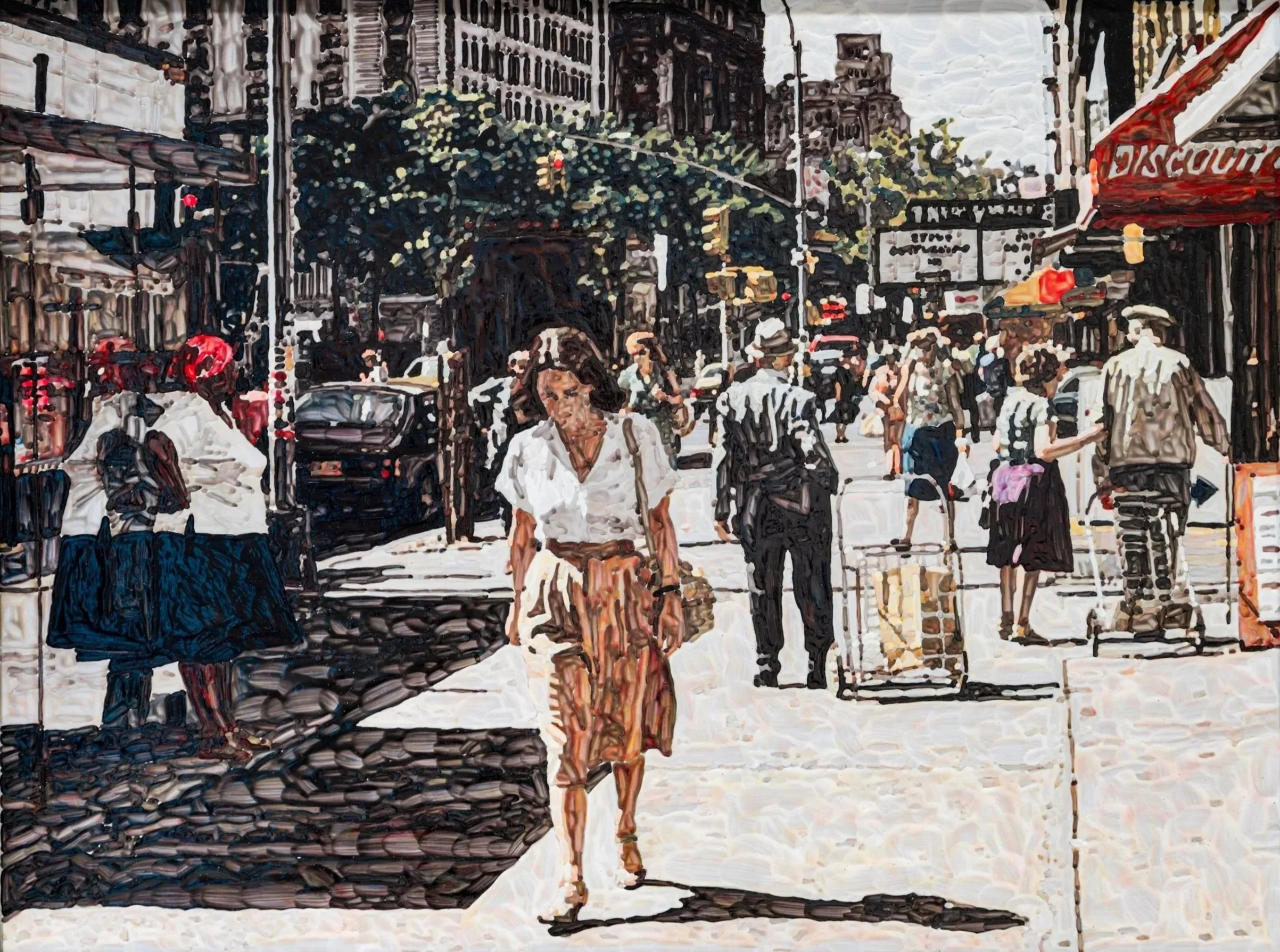 Woman Walking, Upper West Side, 1980s. Acrylic, 11 x 16 in. (13 5/8 x 17 5/8 in. framed)