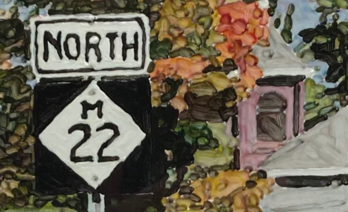 North on M-22, 2010s. Acrylic on Museum Board, 3 x 5 in (10 x 12 in framed) $1,600